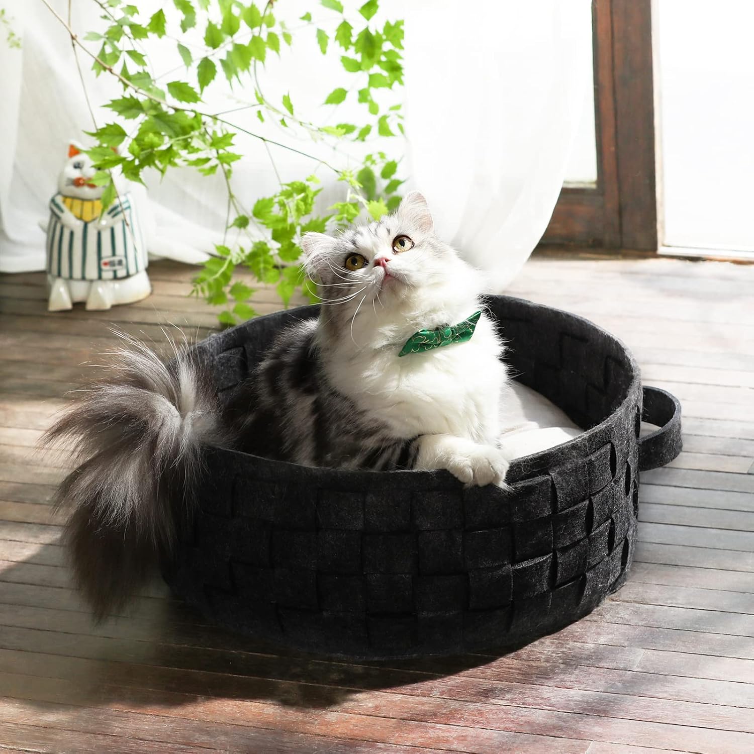 FUKUMARU Cat Bed, 21 X 16.5 Inch Cat Hammocks for Indoor Cats, Wooden Outdoor Pet Furniture, Large Elevated Cat Beds Suitable for Kitty, Puppy, Rabbit, Bunny and Small Animal… (Round Basket)