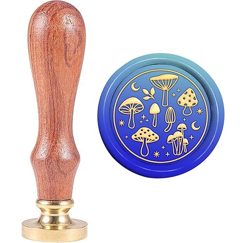 MAYJOYDIY Sello de cera de hongos, diseño de luna, estrella, hierba, retro, 1.181 in, cabeza de latón, mango de madera liso para invitación de boda,