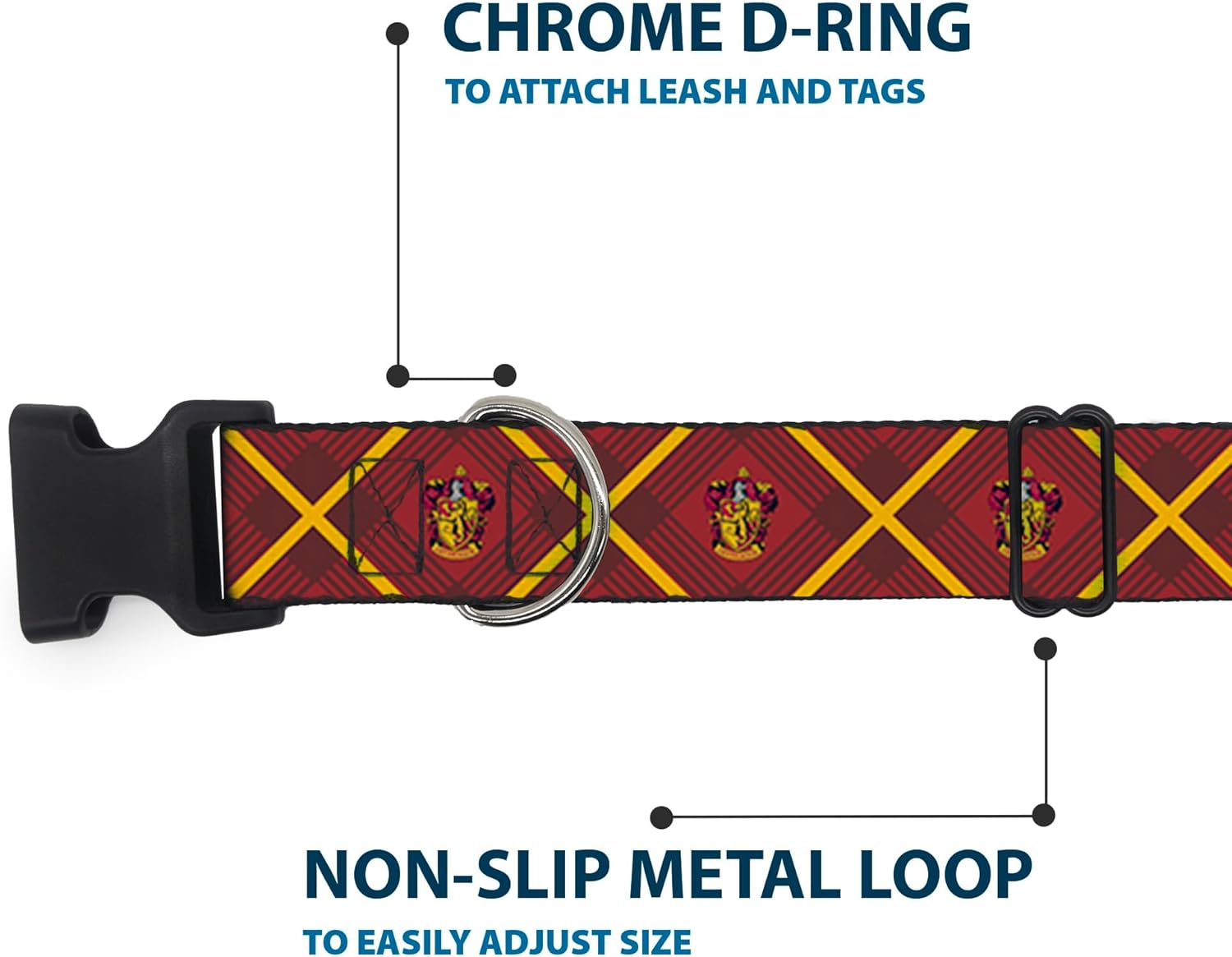 Buckle-Down Dog Collar Plastic Clip Harry Potter Gryffindor Crest Plaid Reds Gold 13 to 17 Inches 1.5 Inch Wide