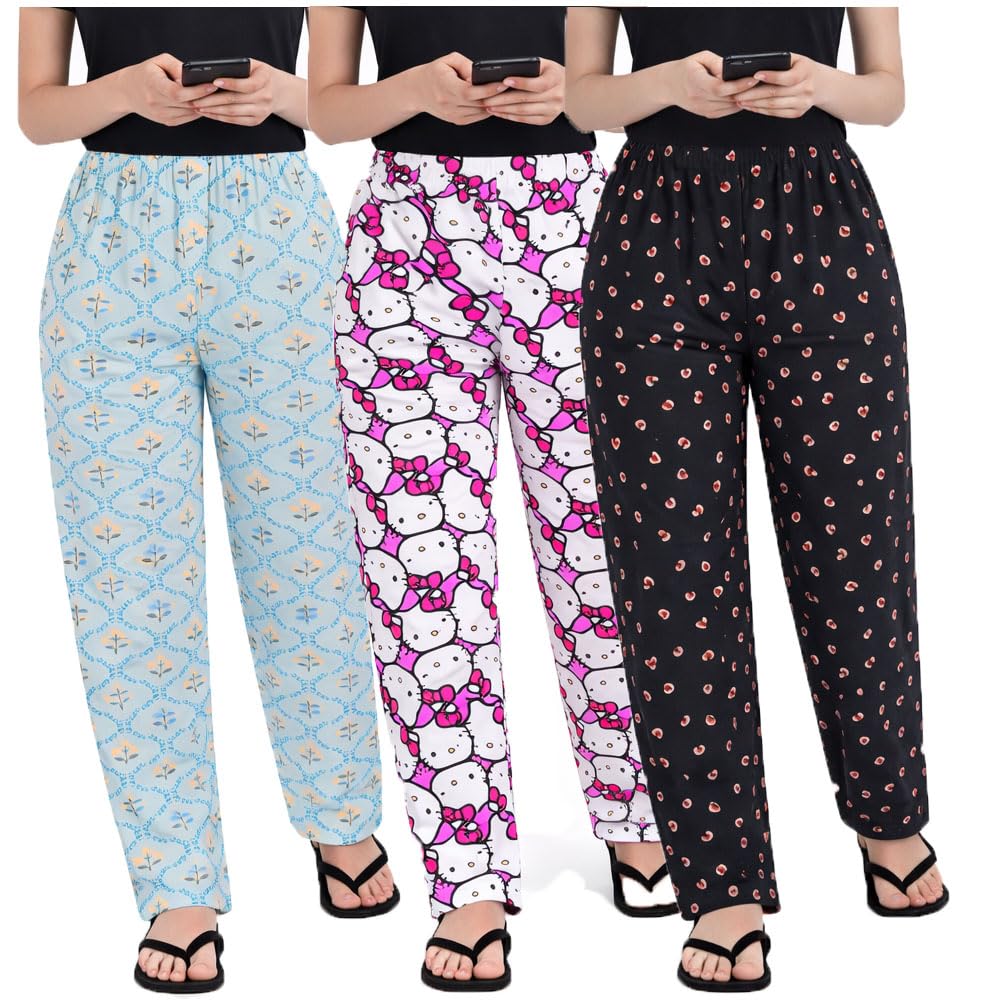Women's Printed Cotton Pyjama Pants For Girls (Prints May Vary) Combo Pack Of 3-image-4