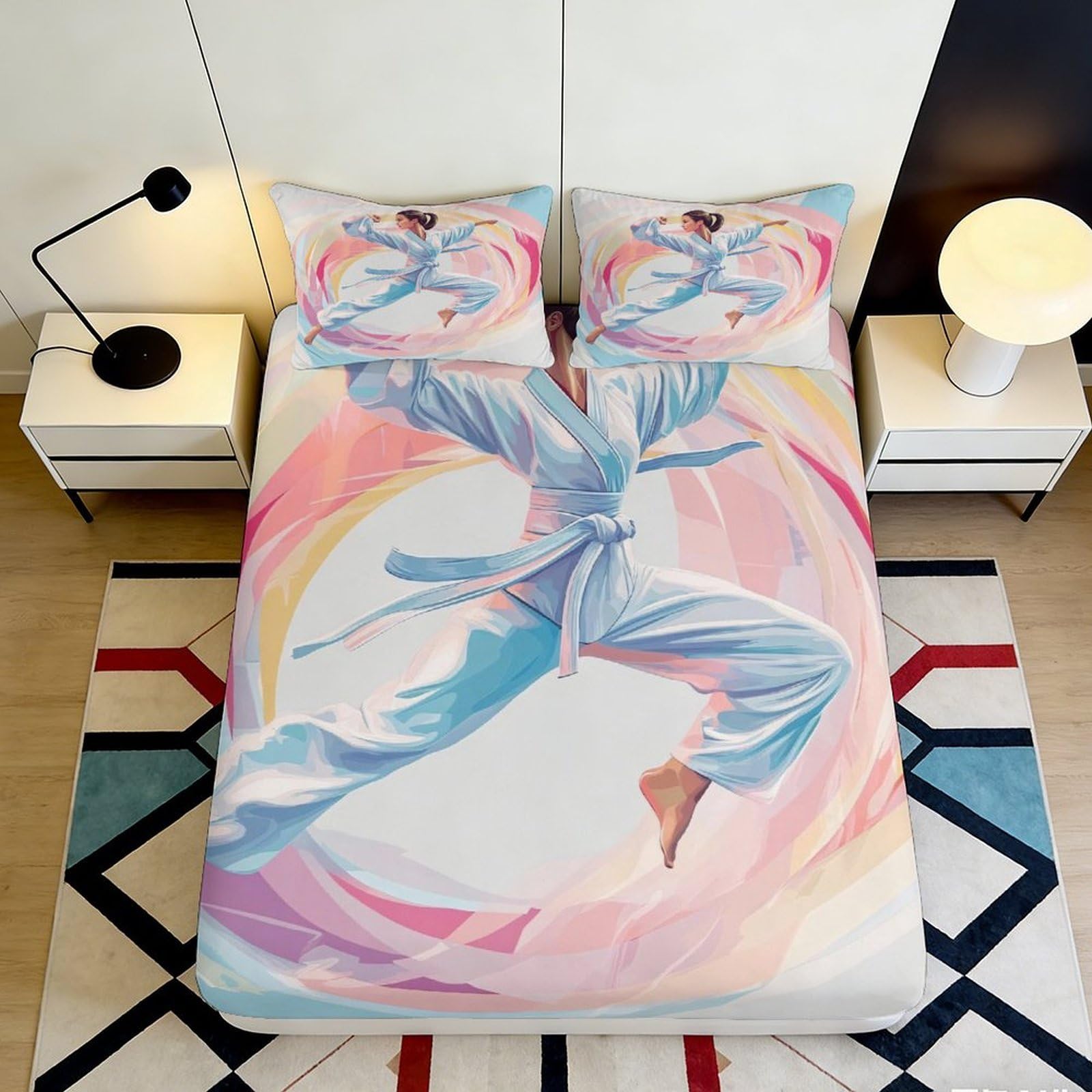 Uxinyoume Style-2 3D Printed Karate Figure Fitted Sheet Microfiber Soft Pastel Abstract Bed Cover For Bedroom Guest Room Decor 90X200x25cm