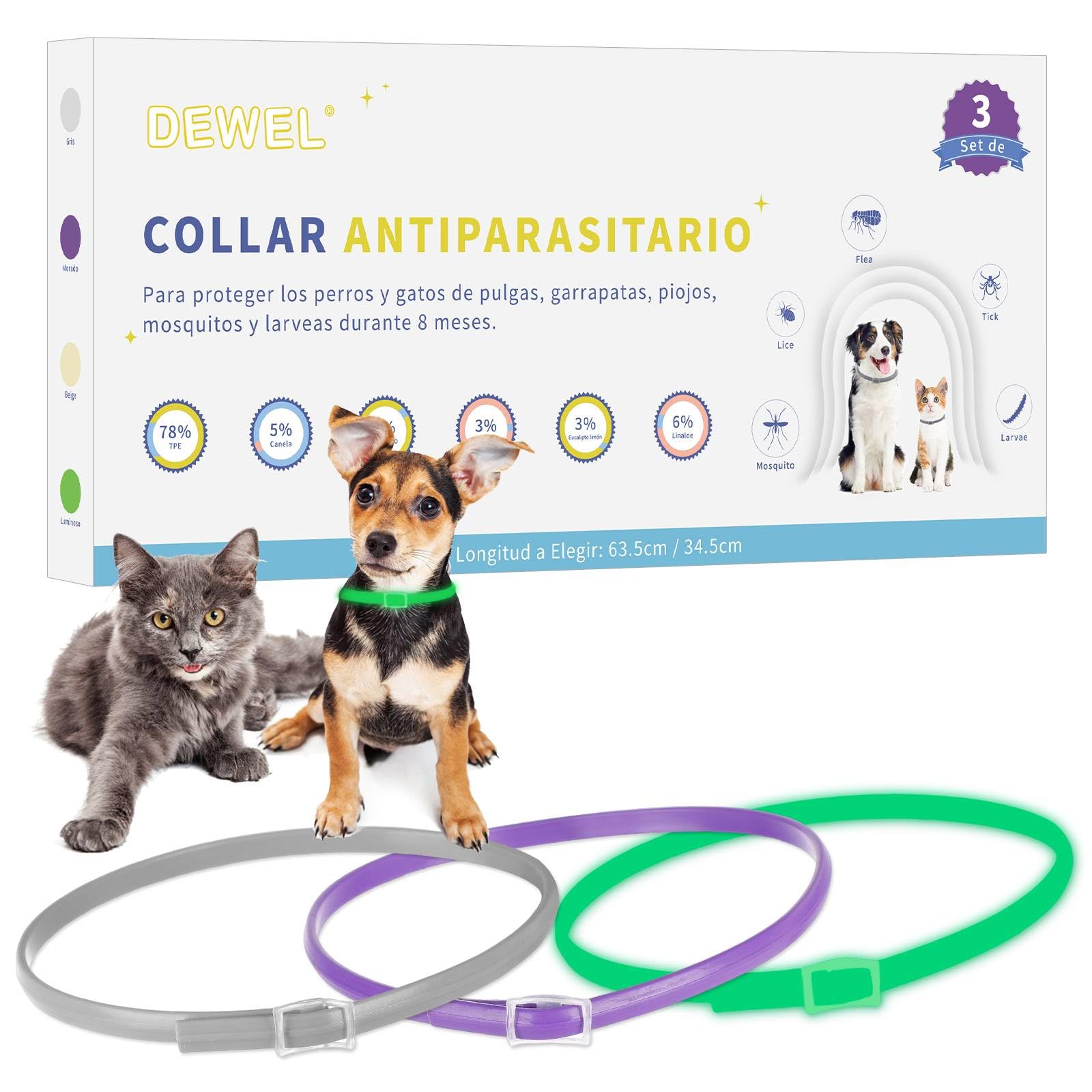 DEWEL Collares Antiparasitarios, Collares contra Pulgas y Garrapatas para Perros y Gatos, Collares Antipulgas Ajustable para Mascotas (3 Colores, 34.5 cm)