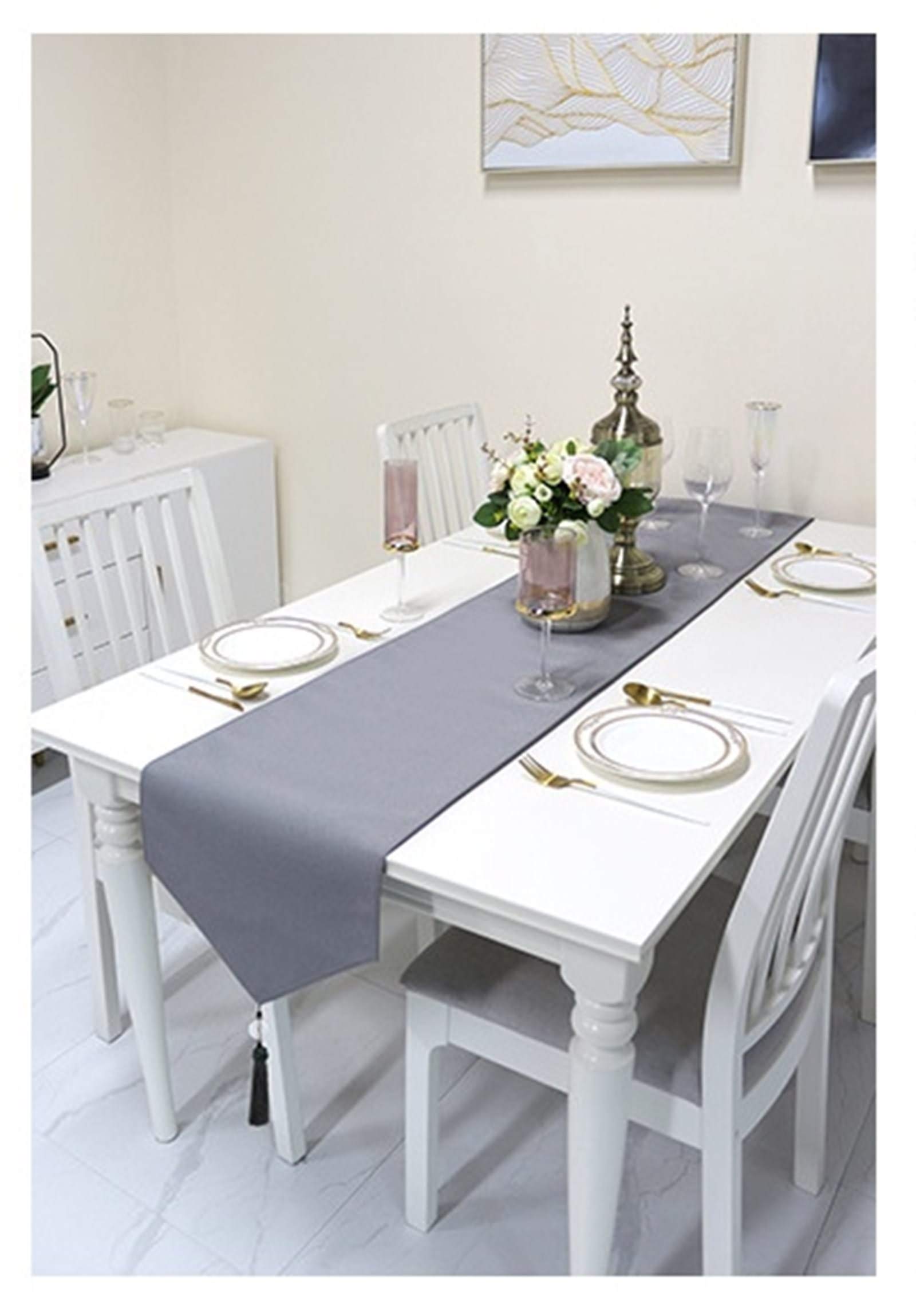 Elegancki bieżnik na stół w jadalni, szary bieżnik na stół na ślub 35 x 180 cm frędzel trójkąt jednolity kolor bawełna dekoracja domu urodzinowego 35 x 200 cm