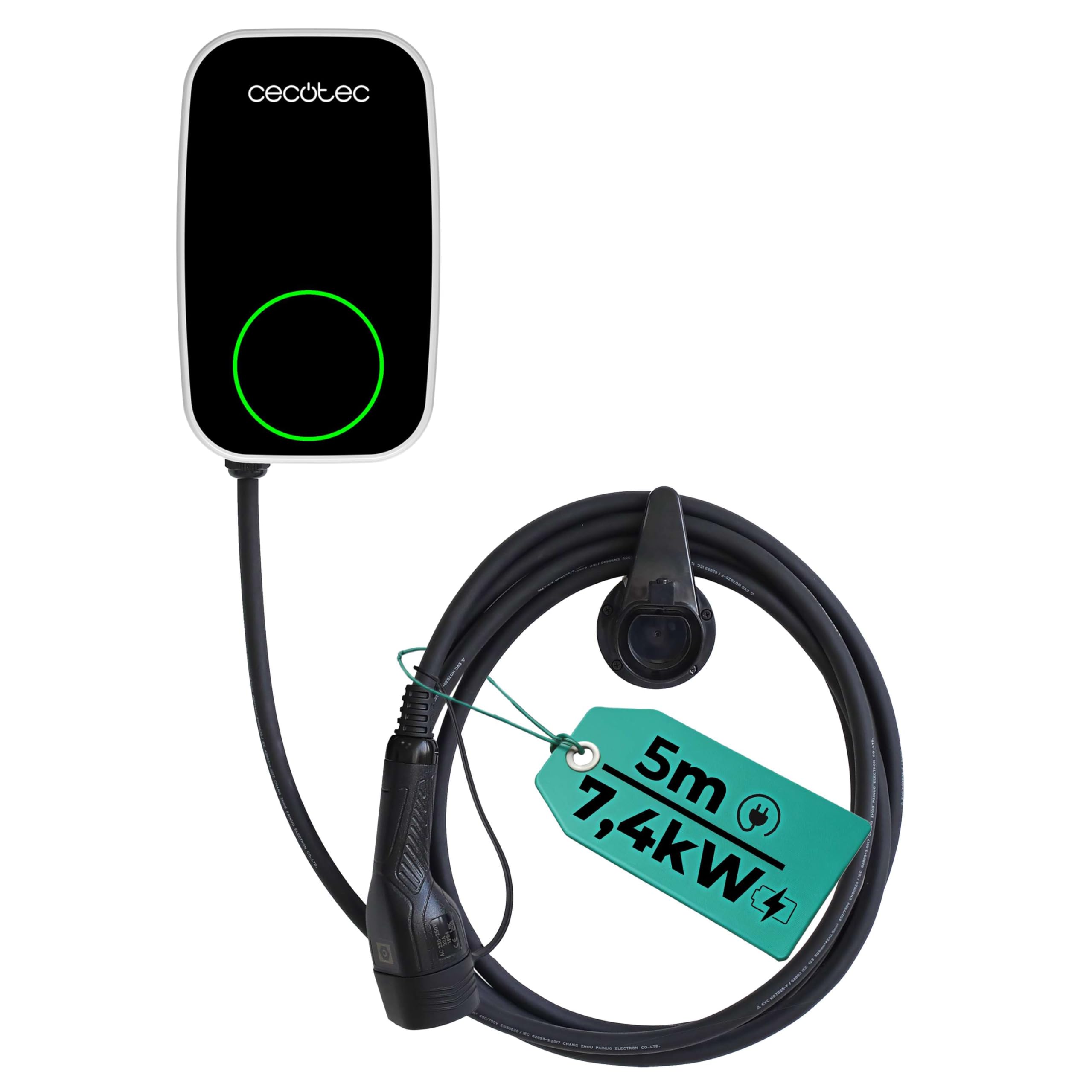 Cecotec Cargador Residencial Pit&Stop Smart 7,4 kW para Coches Eléctricos e Híbridos Enchufables. Conector Tipo 2, Cable de 5 m, Control por App WiFi, 2 Tarjetas RFID y Resistencia al Agua IP65