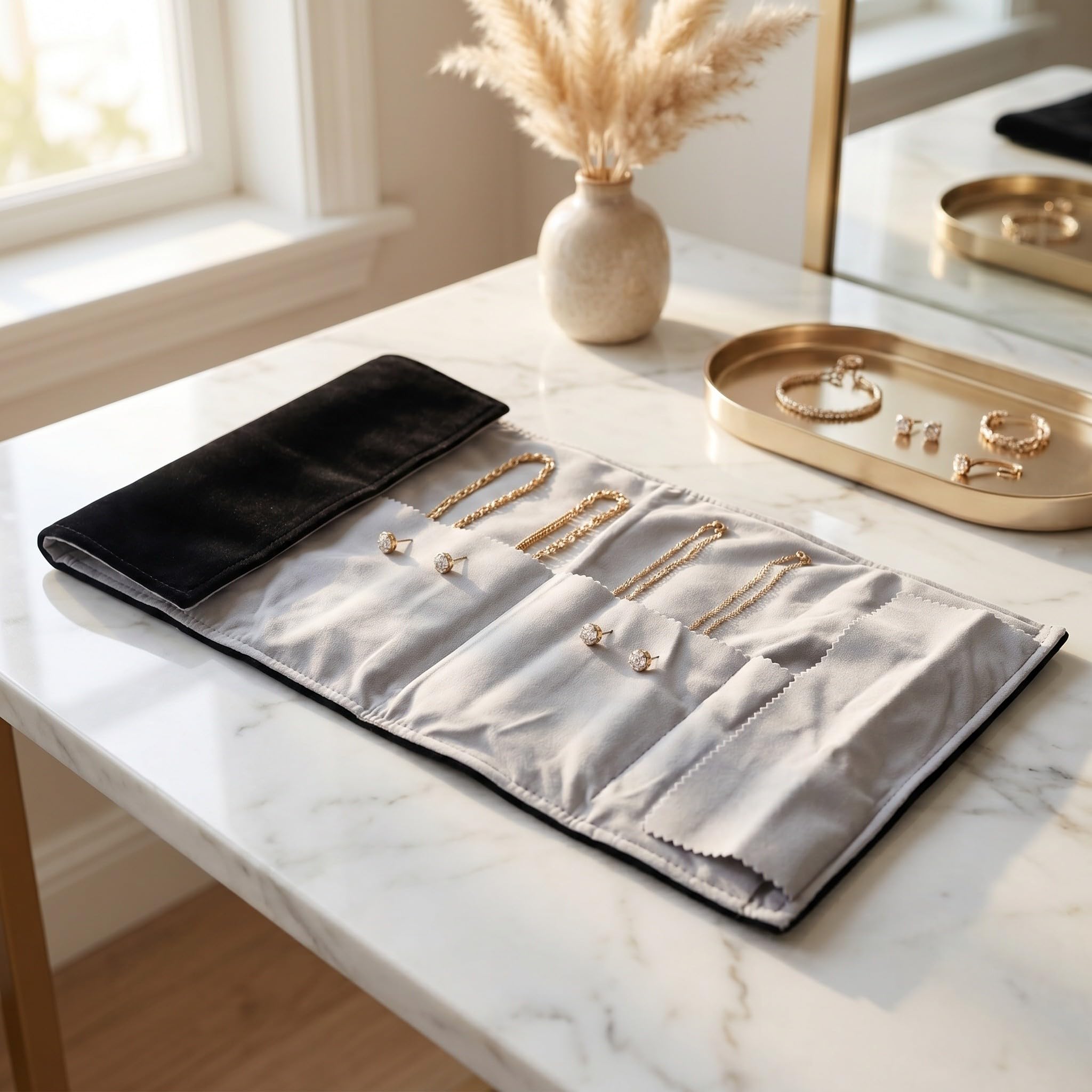 Estuche enrollable de terciopelo para joyas: pequeño organizador de viaje para pulseras y pendientes - Estuche enrollable pequeño para empacar para las vacaciones