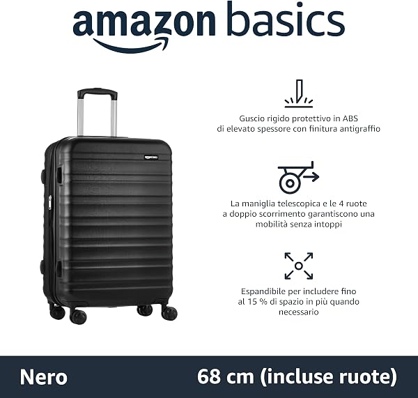 Amazon Basics, Valigia Rigida Espandibile, Bagaglio da Viaggio in ABS con 4 Ruote Girevoli Doppie, Struttura Leggera e Resistente ai Graffi, 45,1cm x 28,6cm x 68cm, Colore Nero - 2