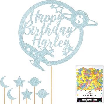 Personalised Space Rocket Planet Glitter Cake Topper Lt Blue Any Custom Age & Name Glitter Cake Decoration and Sprinkles - Happy Birthday Decorations - Personalised Toppers for Cakes by Cakeshop
