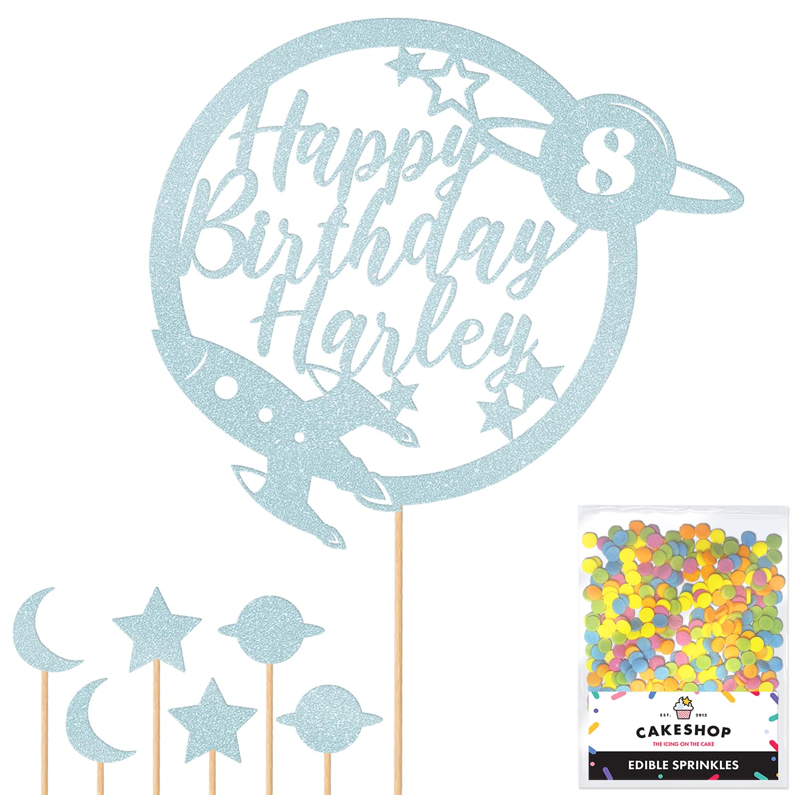 Personalised Space Rocket Planet Glitter Cake Topper Lt Blue Any Custom Age & Name Glitter Cake Decoration and Sprinkles - Happy Birthday Decorations - Personalised Toppers for Cakes by Cakeshop — image 1