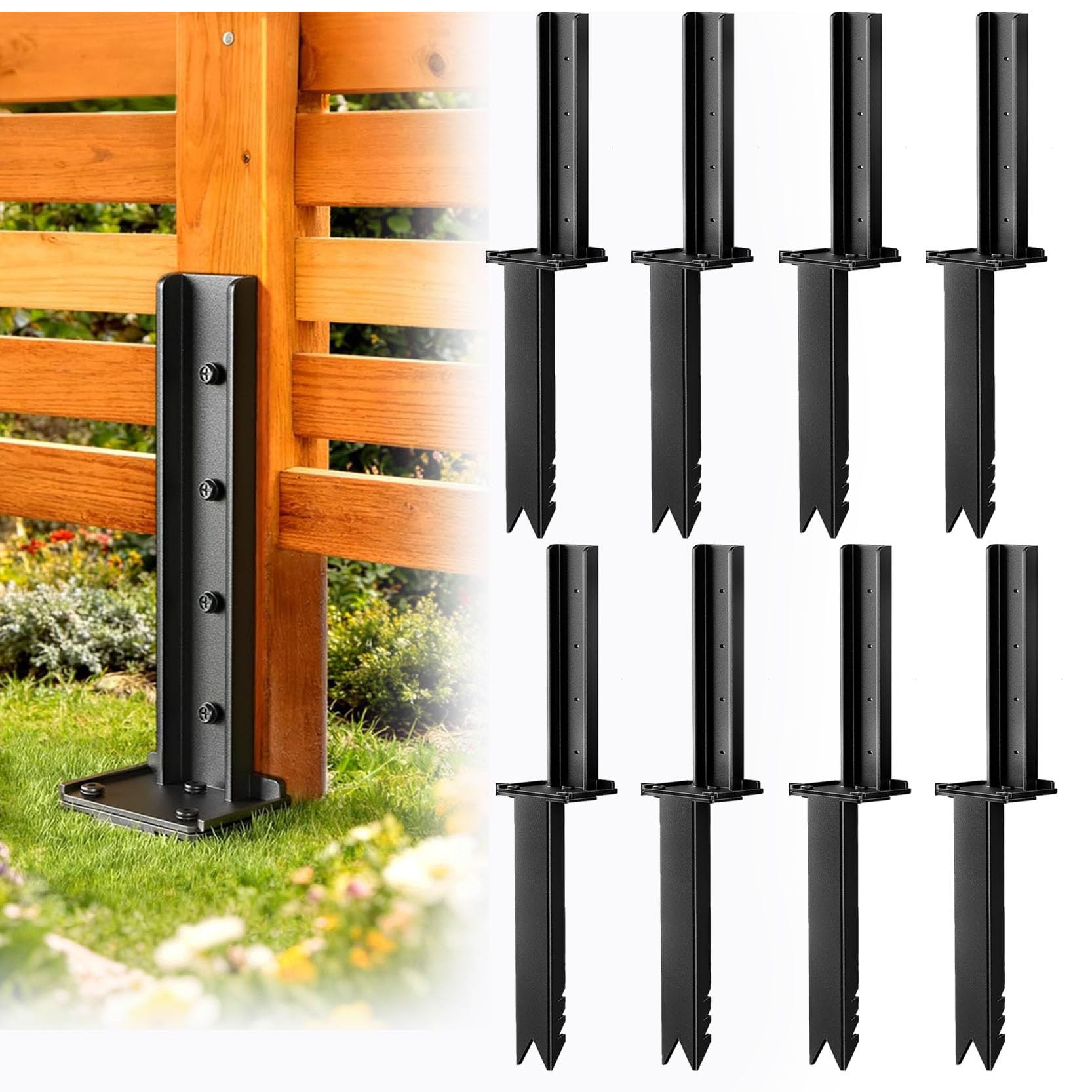 GOUZIBHD Black Fence Post Repair Kit, Heavy Duty Steel Fence Post Repair Stakes for Fixing Leaning Broken Wooden Posts, No Dig Ground Spike, Mailbox Deck Posts(Size:8 Pack)