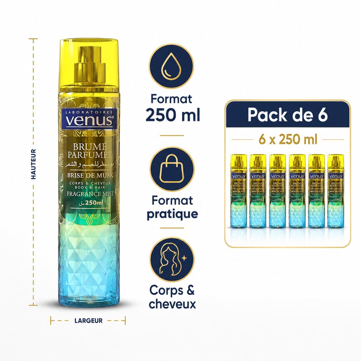 Venus Brume Parfumée Brise de Musk 250ml – Pack de 6 Bouteilles – Brume Corporelle Femme, Parfum Léger Musqué pour Corps et Routine Beauté