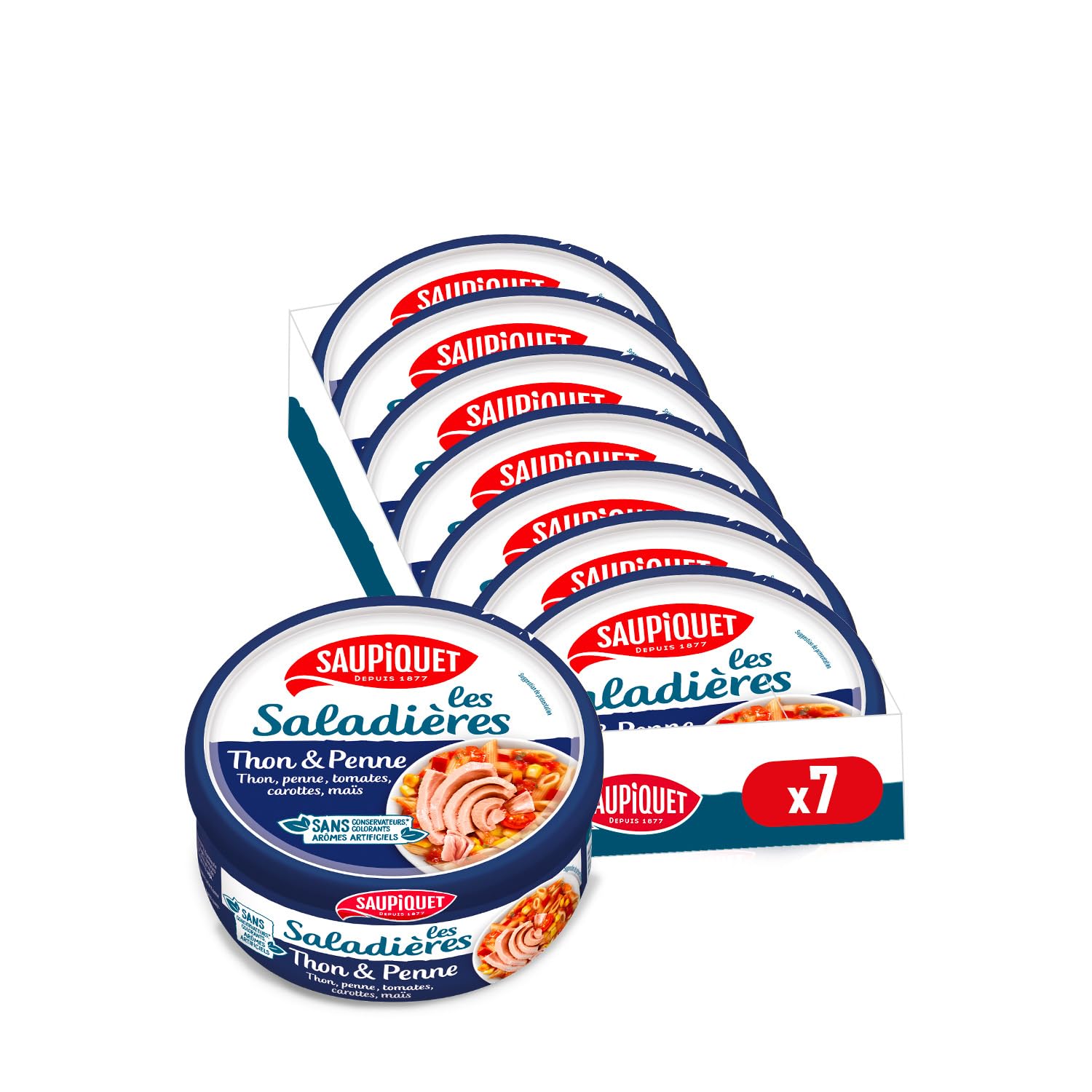 SAUPIQUET - Saladières Thon Penne - Salade Préparée Prête à Consommer - Conservation Température Ambiante - Idéale Pique-Nique - Poisson Issu Pêche Traçabilité Garantie - 7 Conserves (220 g)