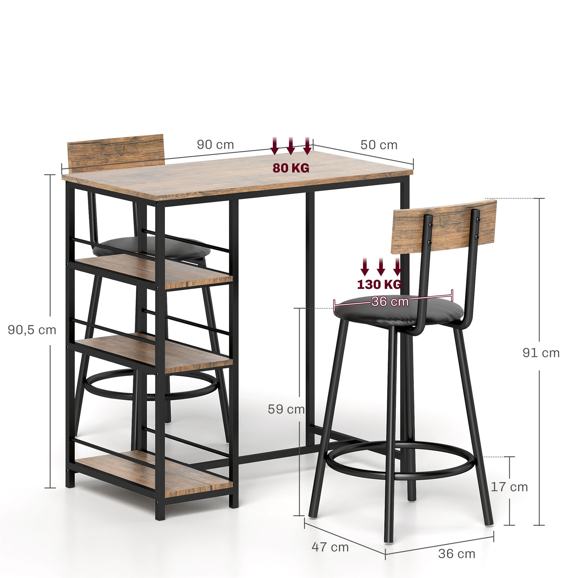 HOMCOM Bartisch mit Barhocker Set, Bartisch-Set für 2 Personen mit 2 Gepolsterten Barstühlen, Rückenlehne, Küchentisch mit 3 Ablagen, im Modern-Stil, Bartheke für Esszimmer, Küche, Stahl, Eiche