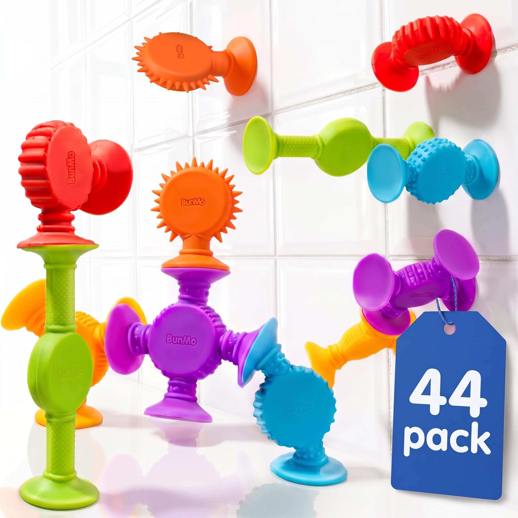 BUNMO Bath Toys Suction - Connect, Build, Create - Bath Toys - Hours of Fun &amp; Creativity - Fine Motor Skills - Stimulating Sensory Toys - Non-Mouthable Toy 3+ - Textured 44 Pack