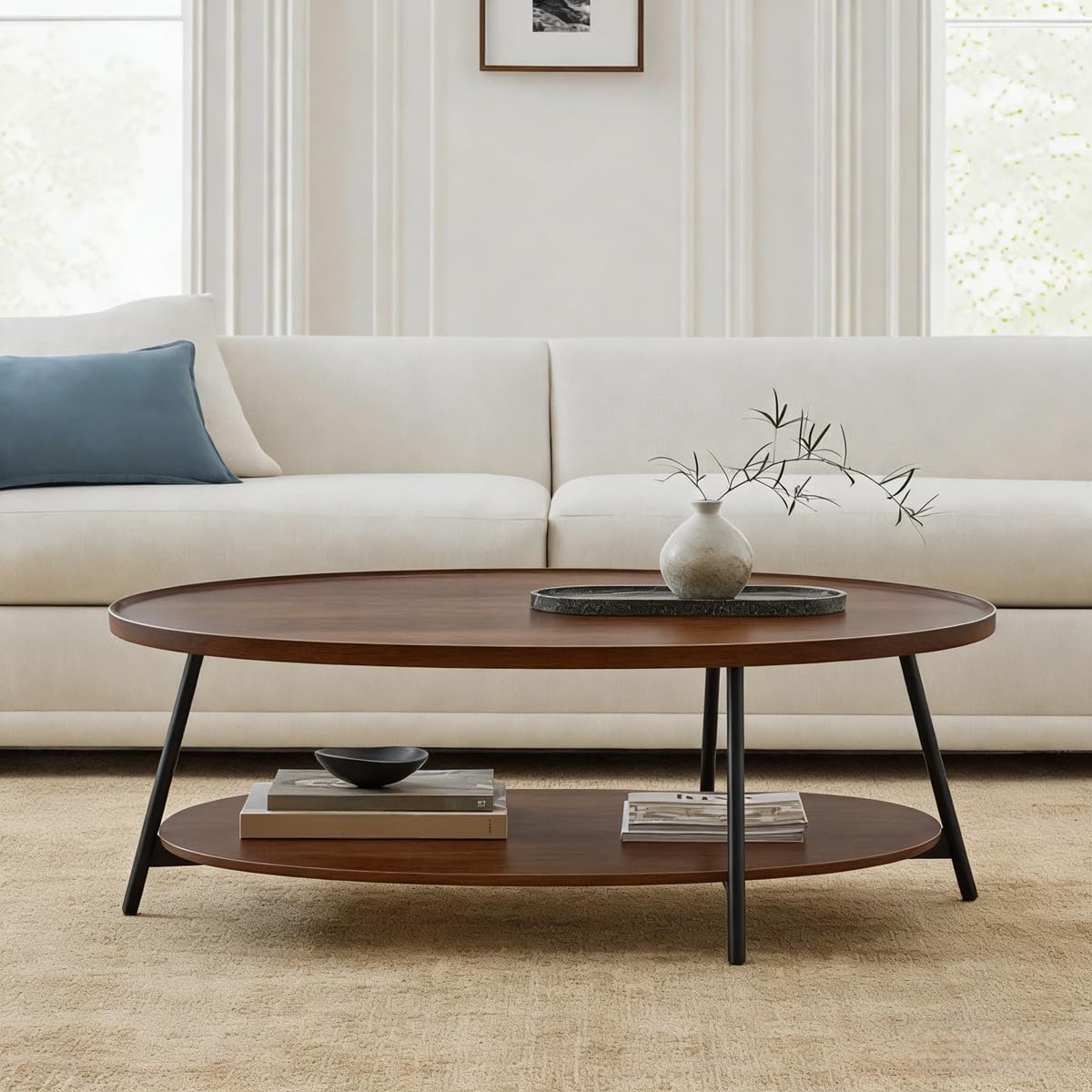 AGV Oval Coffee Table with Shelf Storage 2-Tier Walnut Wood Finish Center Table for Living Room Modern Asymmetrical
