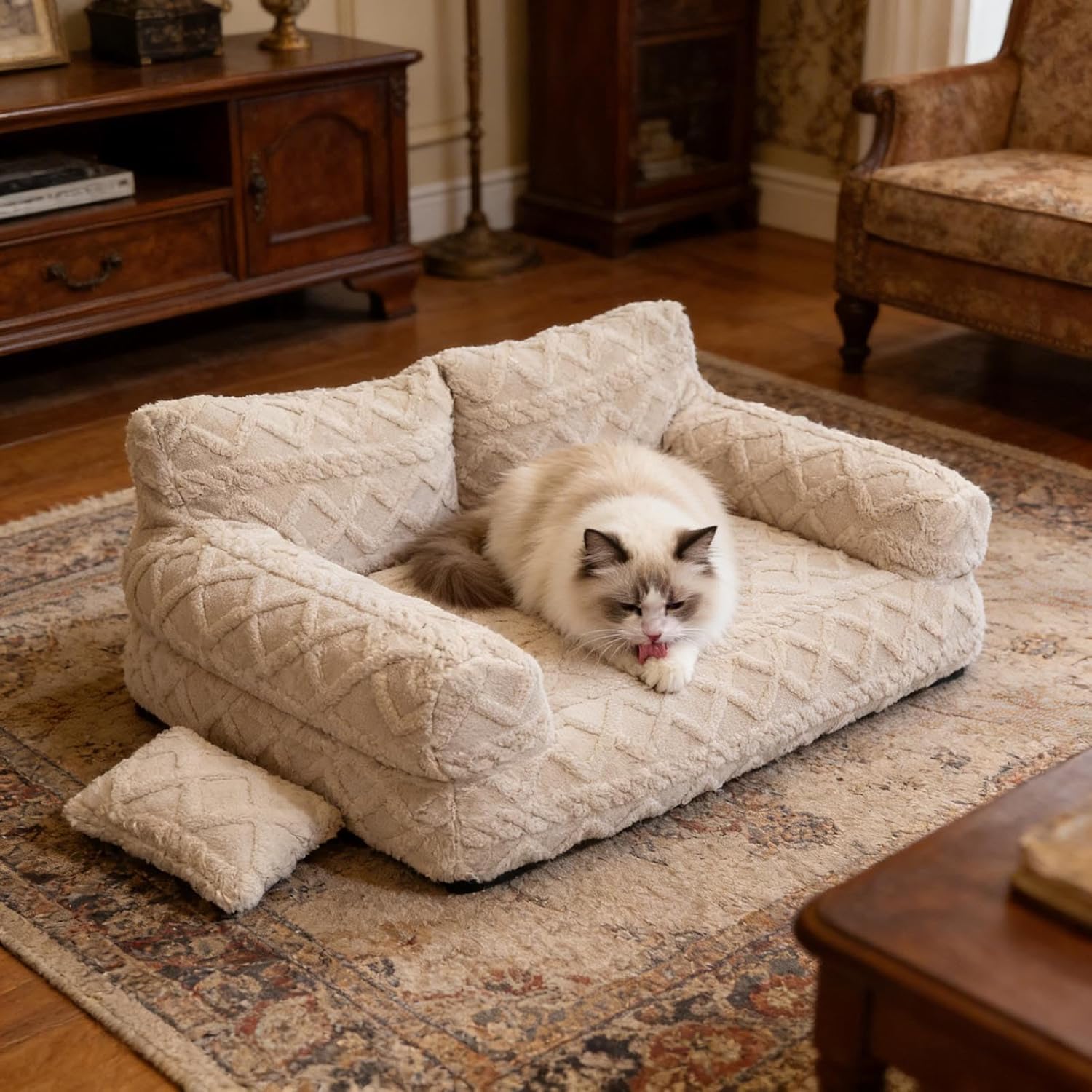 Dog Couch Plush Calming Pet Sofa Bed, Raised Rim, Removable Cover & Non-Slip Bottom, Soft Washable CatBed for Small Medium Dogs and Indoor Cats (White#S)