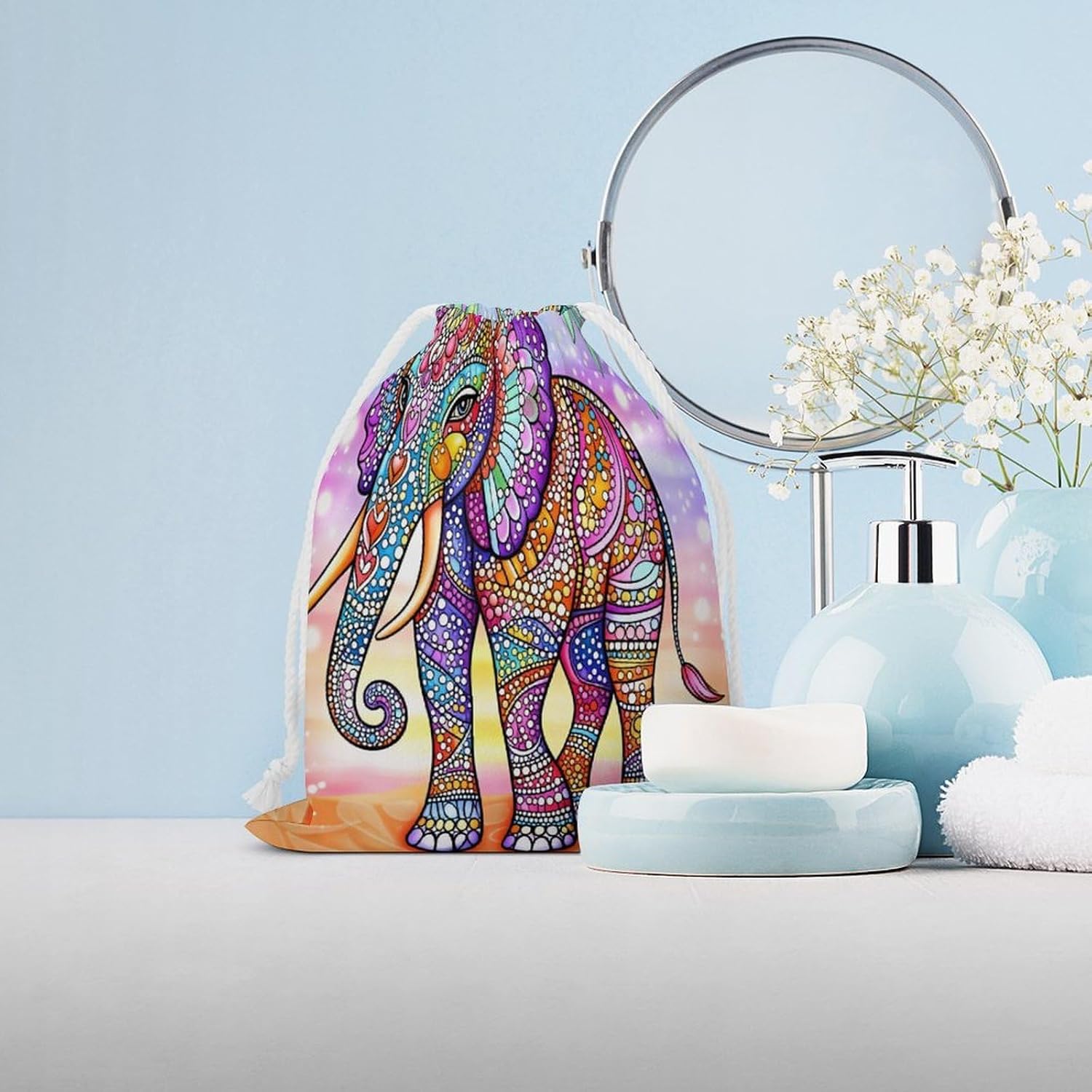 Colorful Bohemian Elephant Drawstring Storage Bag 8.9X7.9IN image 3