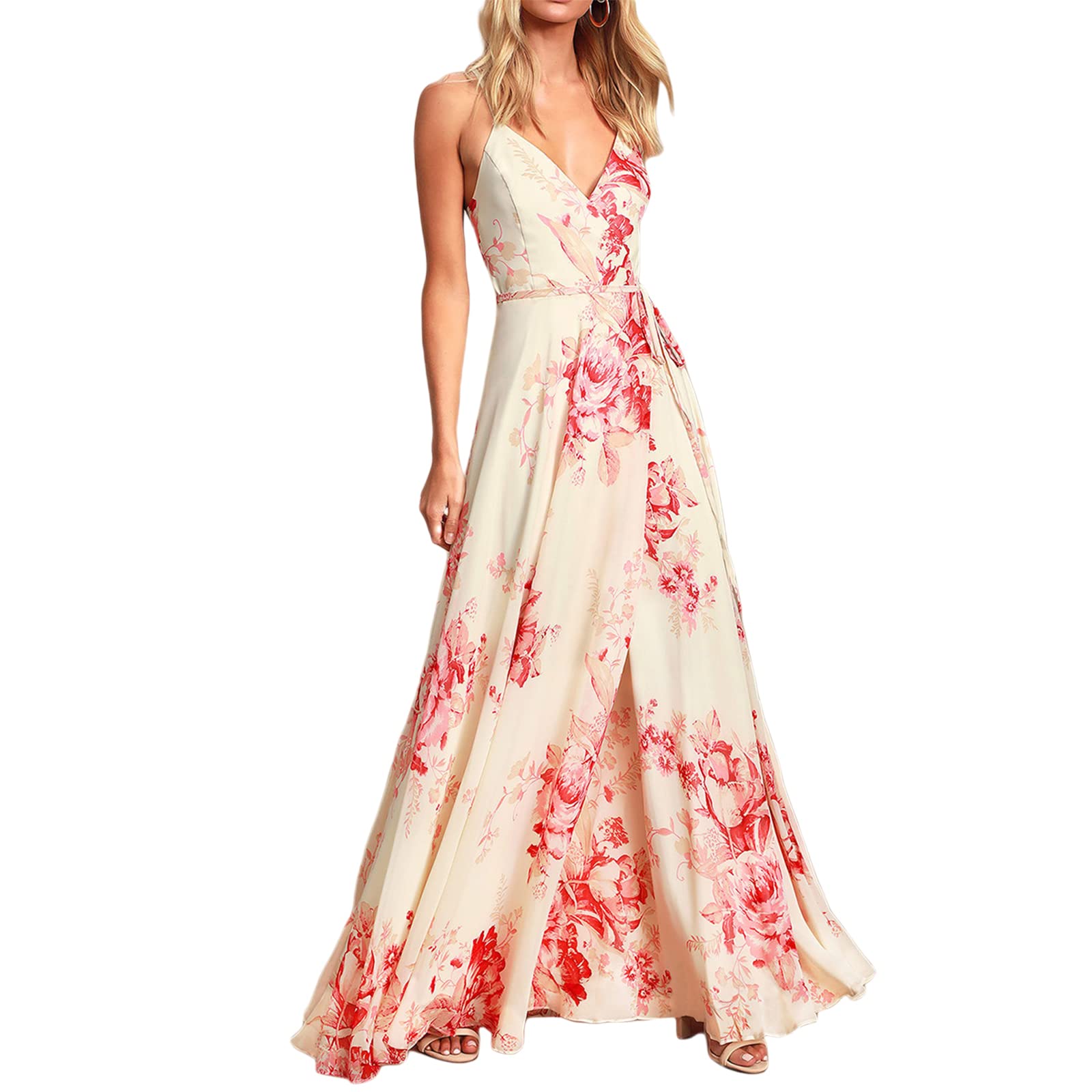 Wztyyds Women S Longcasual Suspender Dress Flower Print Tie Up