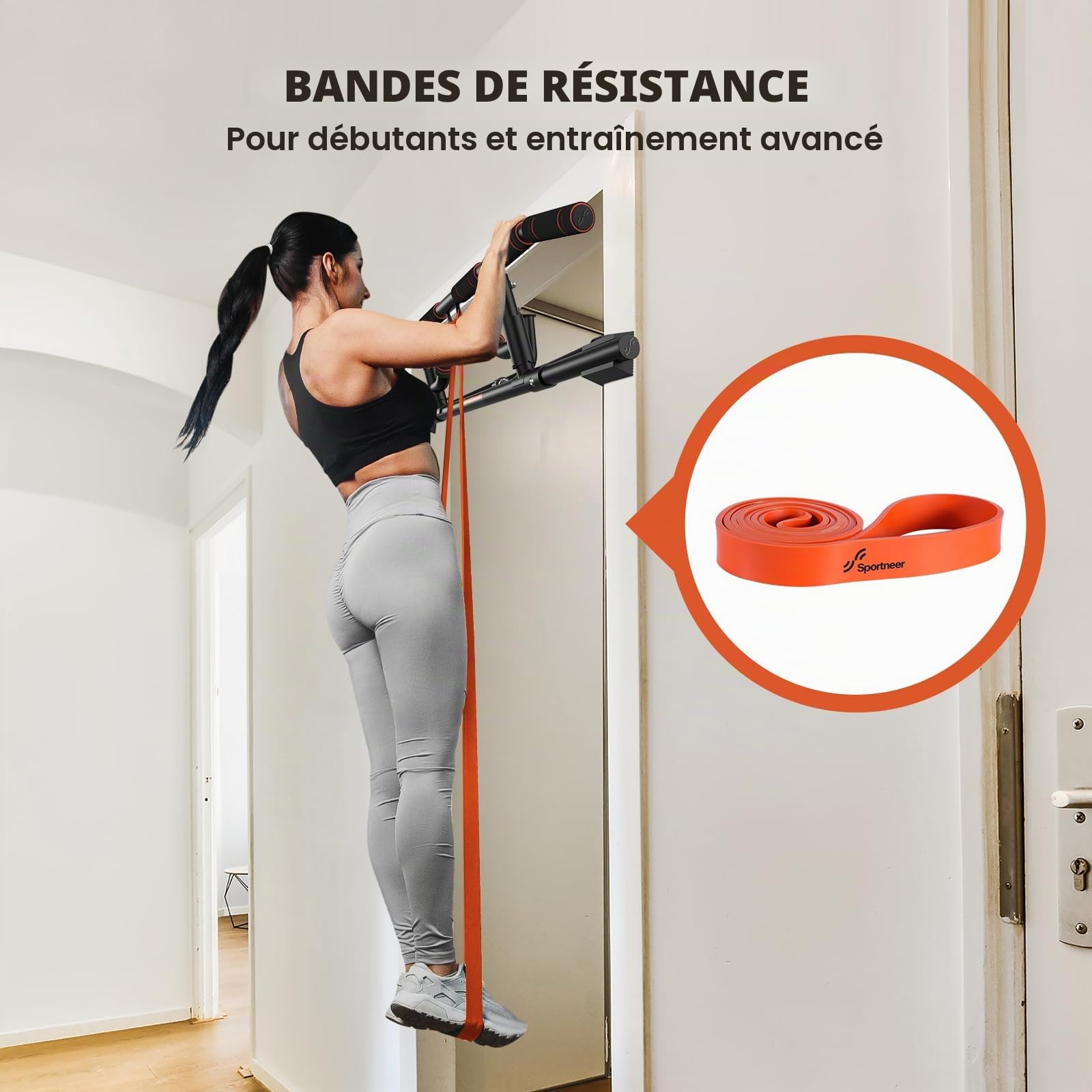 Barre de traction pour cadre de porte Sportneer avec poignée pliable - Barre de traction multi-poignées pour cadre de porte, capacité de charge 200 kg