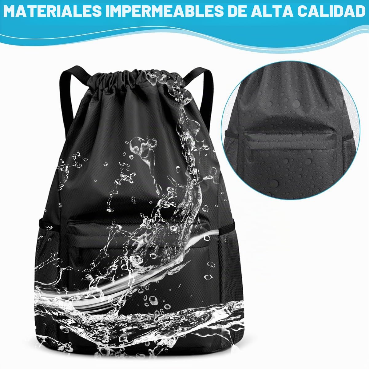 Mochila Deportiva con Cordón, Unisex, Gran Capacidad, Impermeable | Con Compartimentos, Ajustable, Para Deporte, Escolar, Gimnasio, Casual, Viaje, Playa