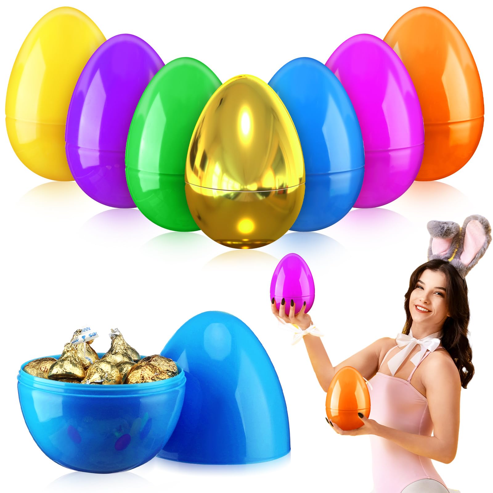 7 Pcs 6 Inch Jumbo Easter Eggs Include 1 Golden and 6 Large Colorful Plastic Fillable Eggs for Easter Hunt Supplies Candy Containers Basket Stuffers Party Decor