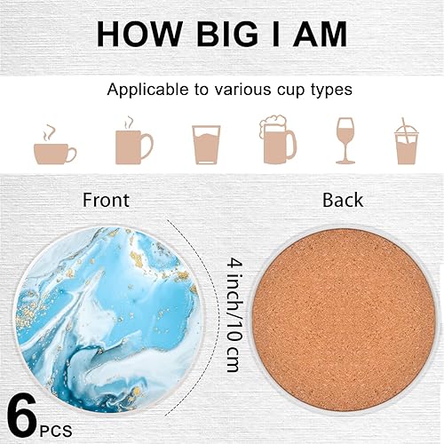 Vista 2 de Juego de 6 posavasos para bebidas con soporte, estilo mármol, posavasos de cerámica para bebidas, portavasos redondos absorbentes con base de corcho