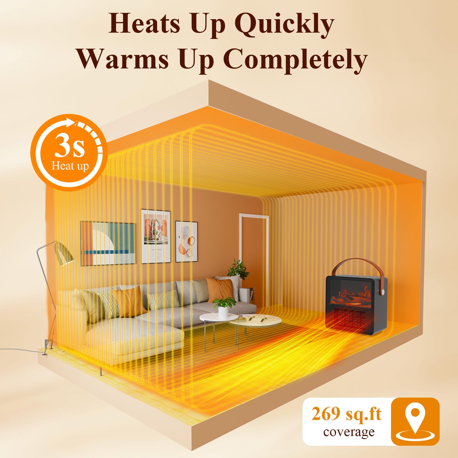 Minthouz Calefactor Eléctrico 1500W PTC Cerámico Bajo Consumo con Efecto Llama 3D, Termostato Ajustable, Modo ECO, Protección Sobrecarga y Volcado – Ideal para Habitación y Oficina