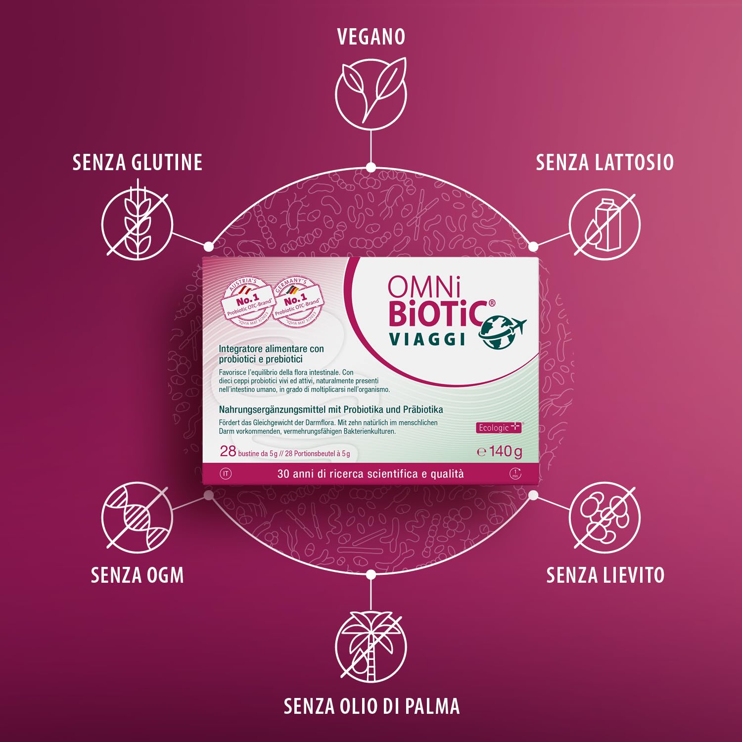 OMNi BiOTiC VIAGGI | Polvere | Con 10 Ceppi Probiotici | | Per una vacanza tranquilla | VEGANO | Senza OGM | 28 Bustine da 5g