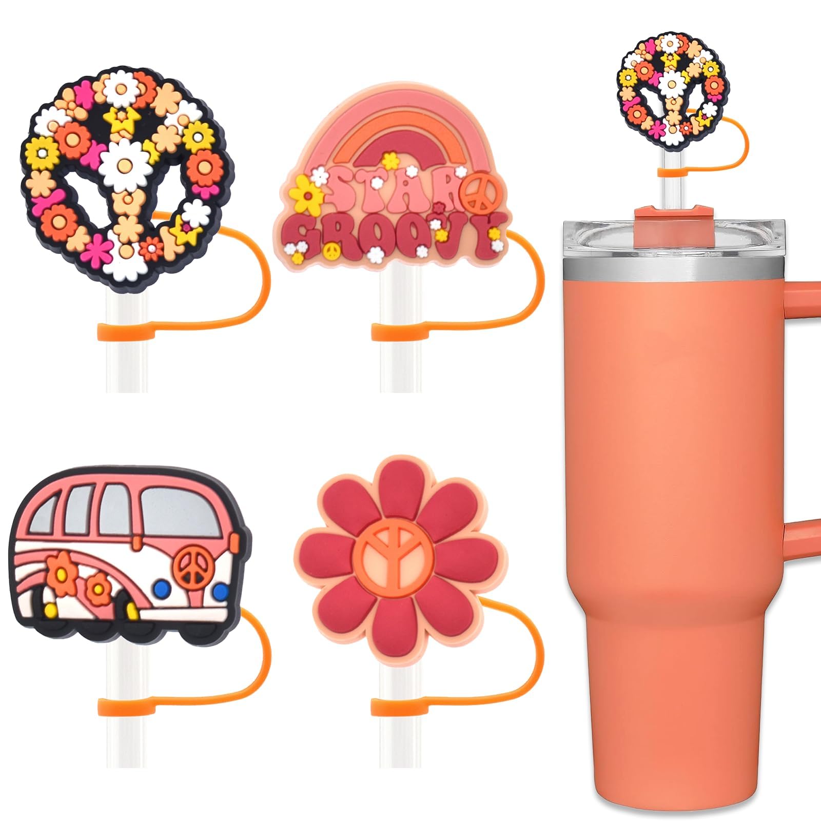 Amreich 10mm Silicone Straw Cover for Stanley Cups - Groovy Flower Design, 60s & 70s Boho Party Accessories