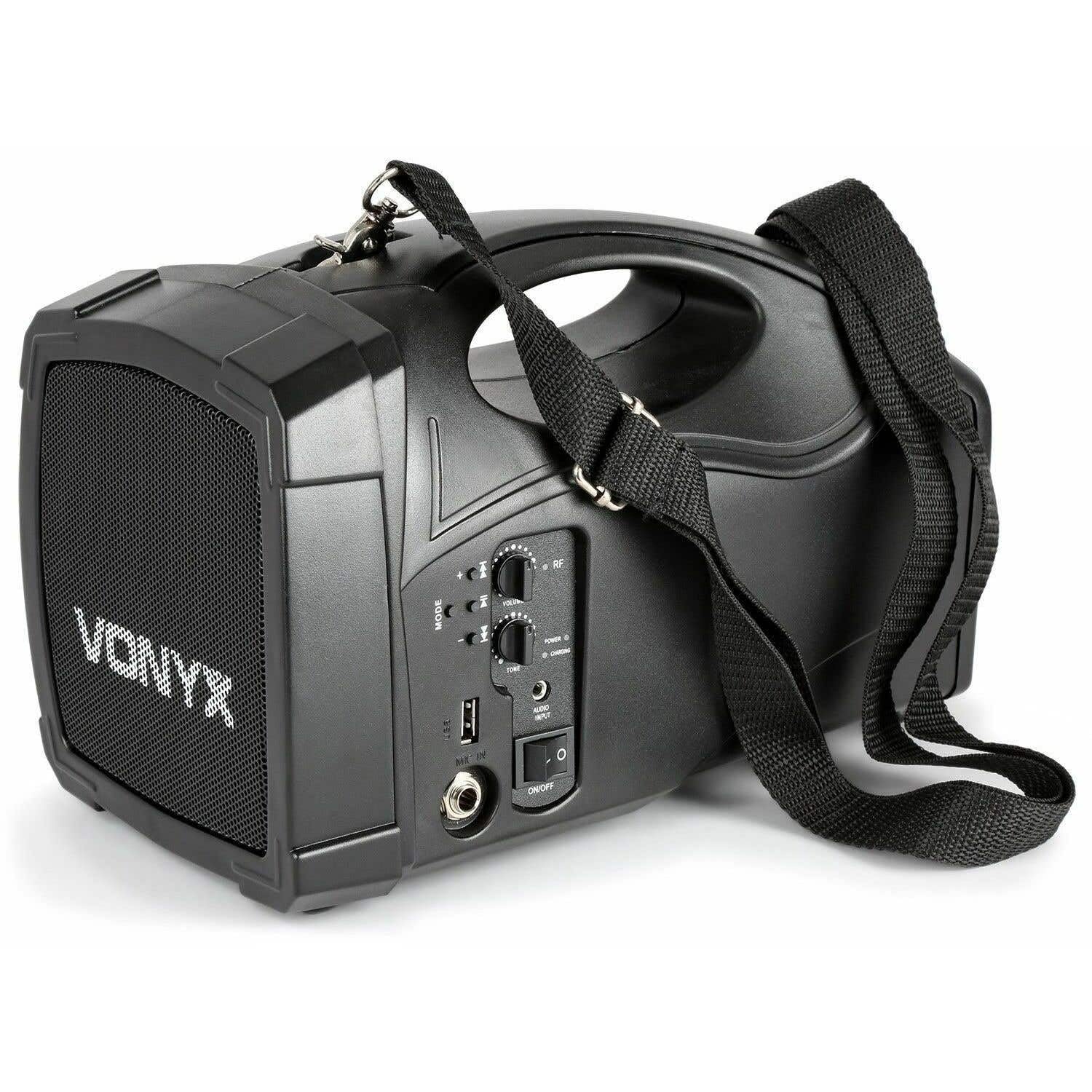 Vonyx ST012 Amplificateur de Voix Portable, Micro-Casque et Cravate, 30 Watts RMS, Entrée et Sortie Jack, Port USB, Bandoulière de Transport, Batterie Rechargeable, Idéal pour Conférences ou Visites