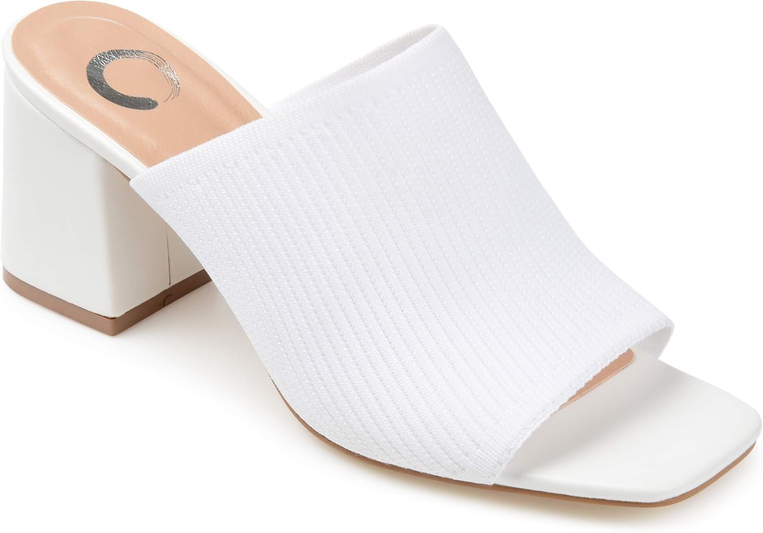 Journee Square Open Toe Chunky Block Heel Knit Slip-On Pump for Women - Lorenna Heeled Fashion Mule White, 6.5 Wide