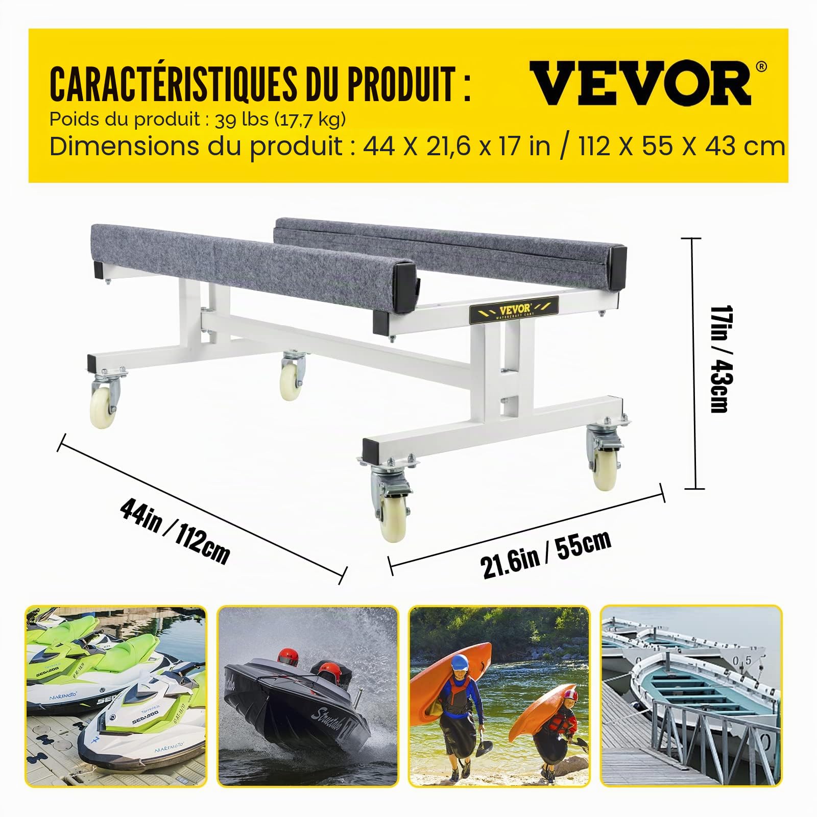 VEVOR Chariot de motomarine PWC, capacité 590 kg, Support de Jet Ski de Rangement pour Bateau à Largeur réglable avec 4 roulettes 2 Freins, Chariot de motomarine pour Bateau de pêche à Ski, voilier