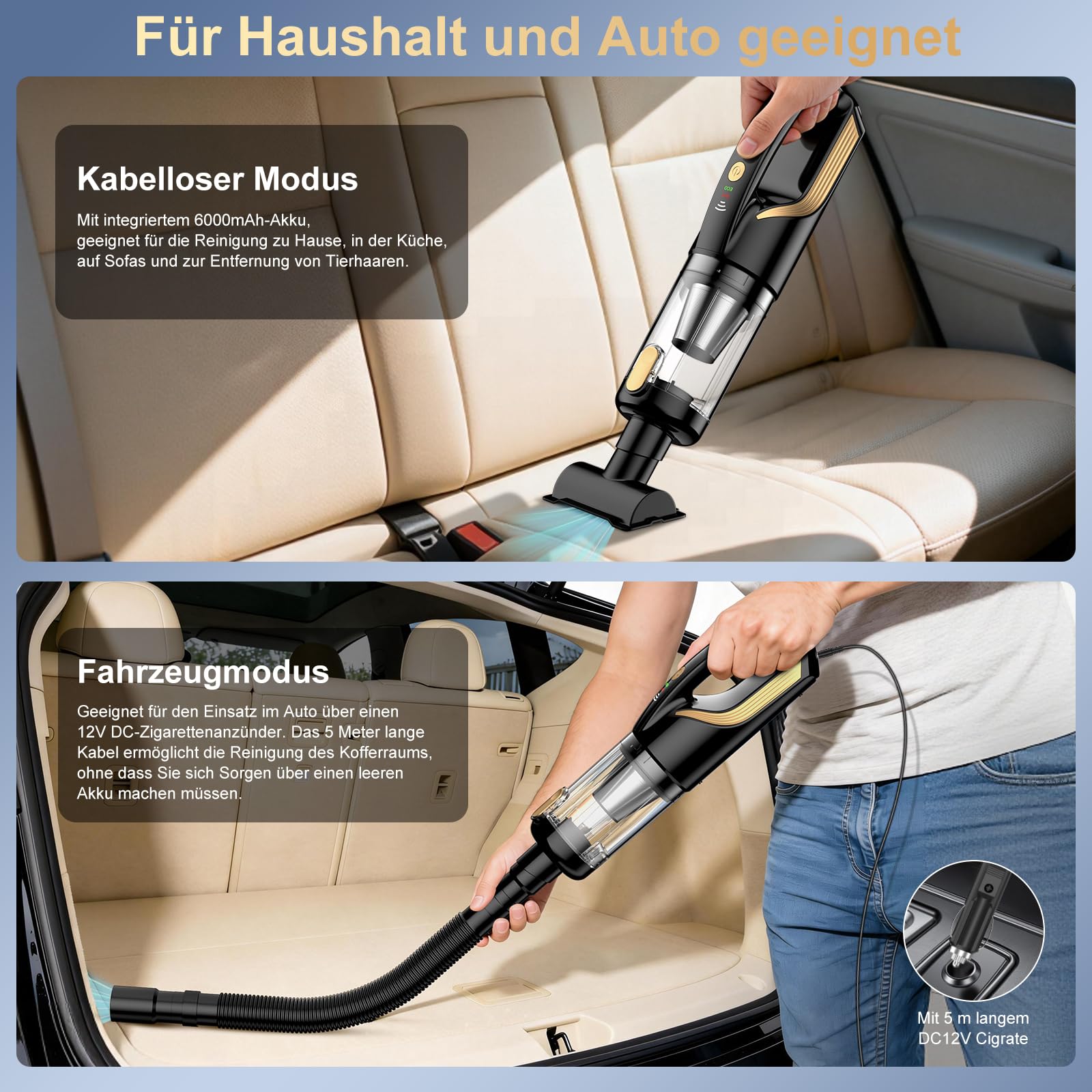 RABIGALA Handstaubsauger Akku 4-in-1, 27000PA Auto Staubsauger Stark, Autostaubsauger Kabellos mit 12V Kfz-Zigarettenanzünder-Anschlusskabel 5m, 2-Gang Handstaubsauger Auto für Auto, Haushalt