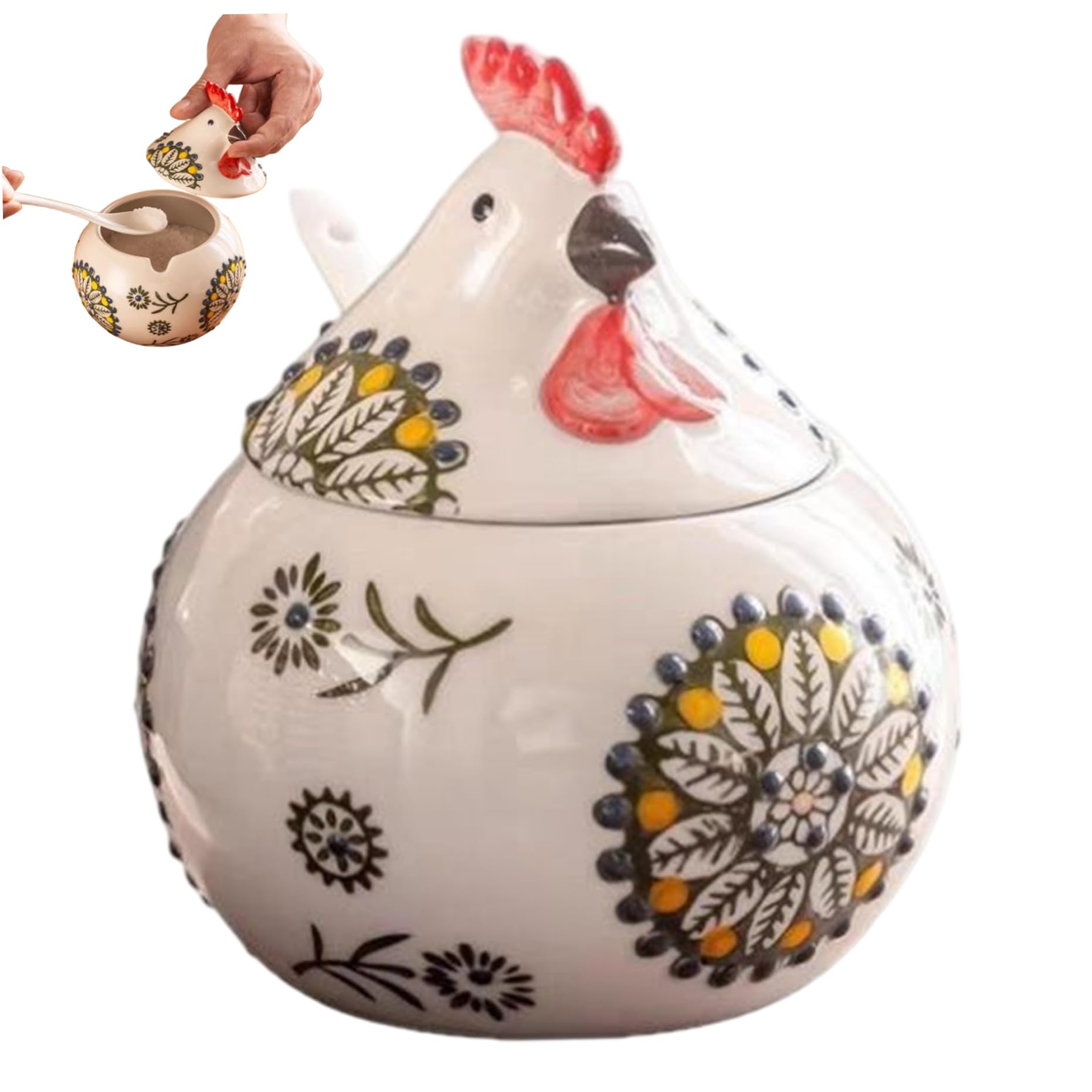 CAKEEYUM Hen-Shaped Salt Cellar with Lid Decorative Chicken Ceramic Sugar and Salt Container Jar for Kitchen Counter Spices & Coffee