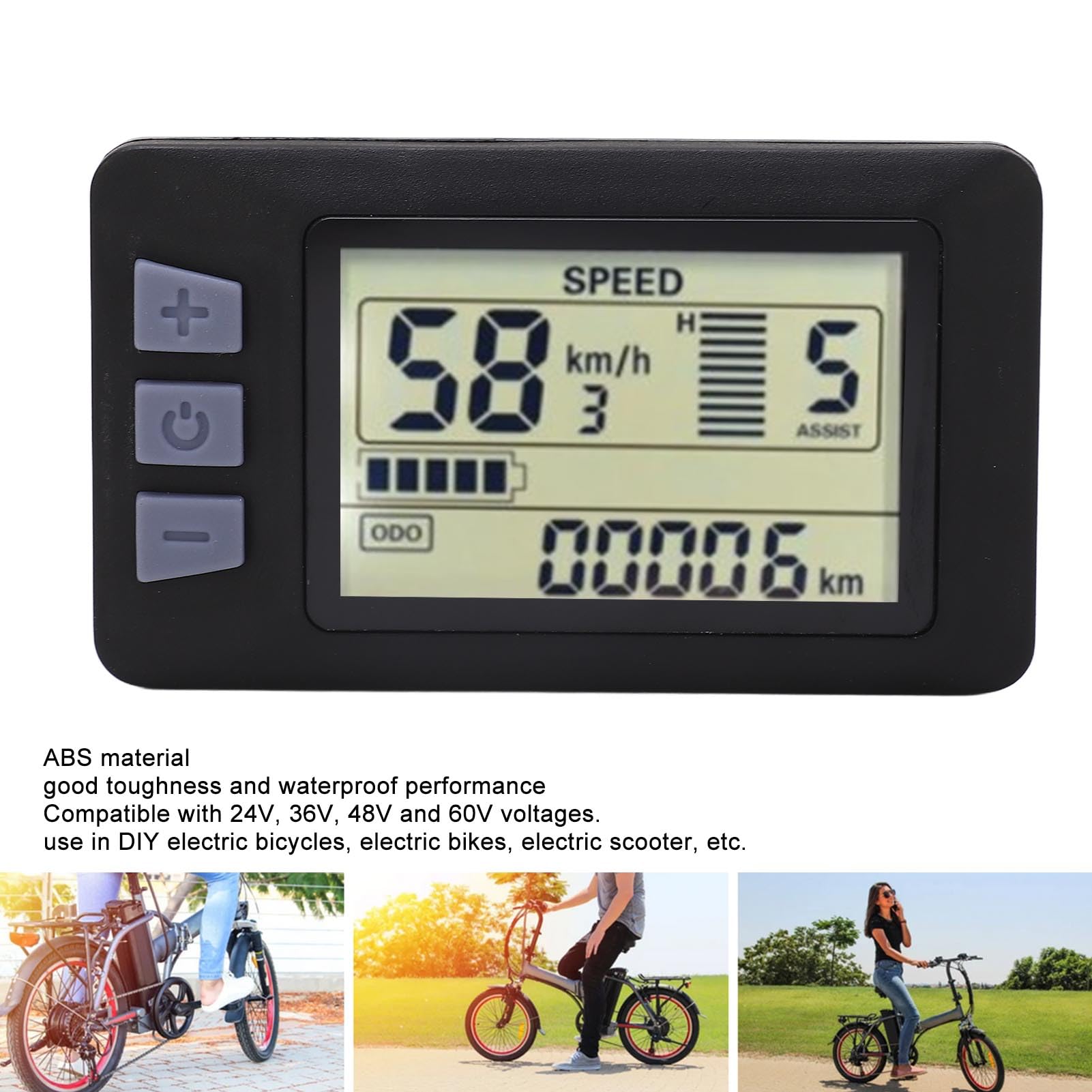 equlup Electric LCD Display Meter, P3H Electric Bike LCD Display Panel 24V 36V 48V 60V with 6PIN Water Proof Wire for 22.2mm Handlebars