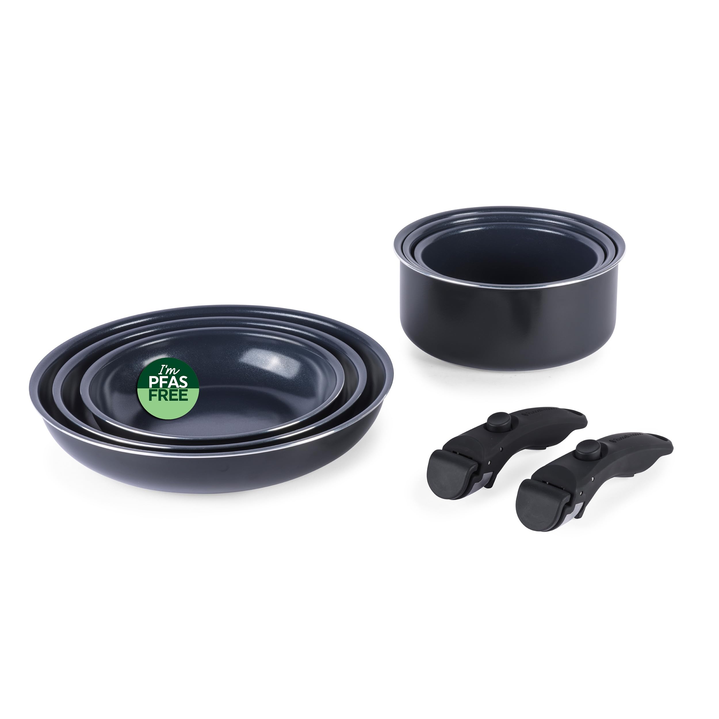 Russell Hobbs RH03321EU7 Smart Clip - Juego de ollas y sartenes de cerámica antiadherentes de 8 piezas con 2 asas desmontables, diseño apilable, sin PFAS, apto para horno de inducción, marino, azul