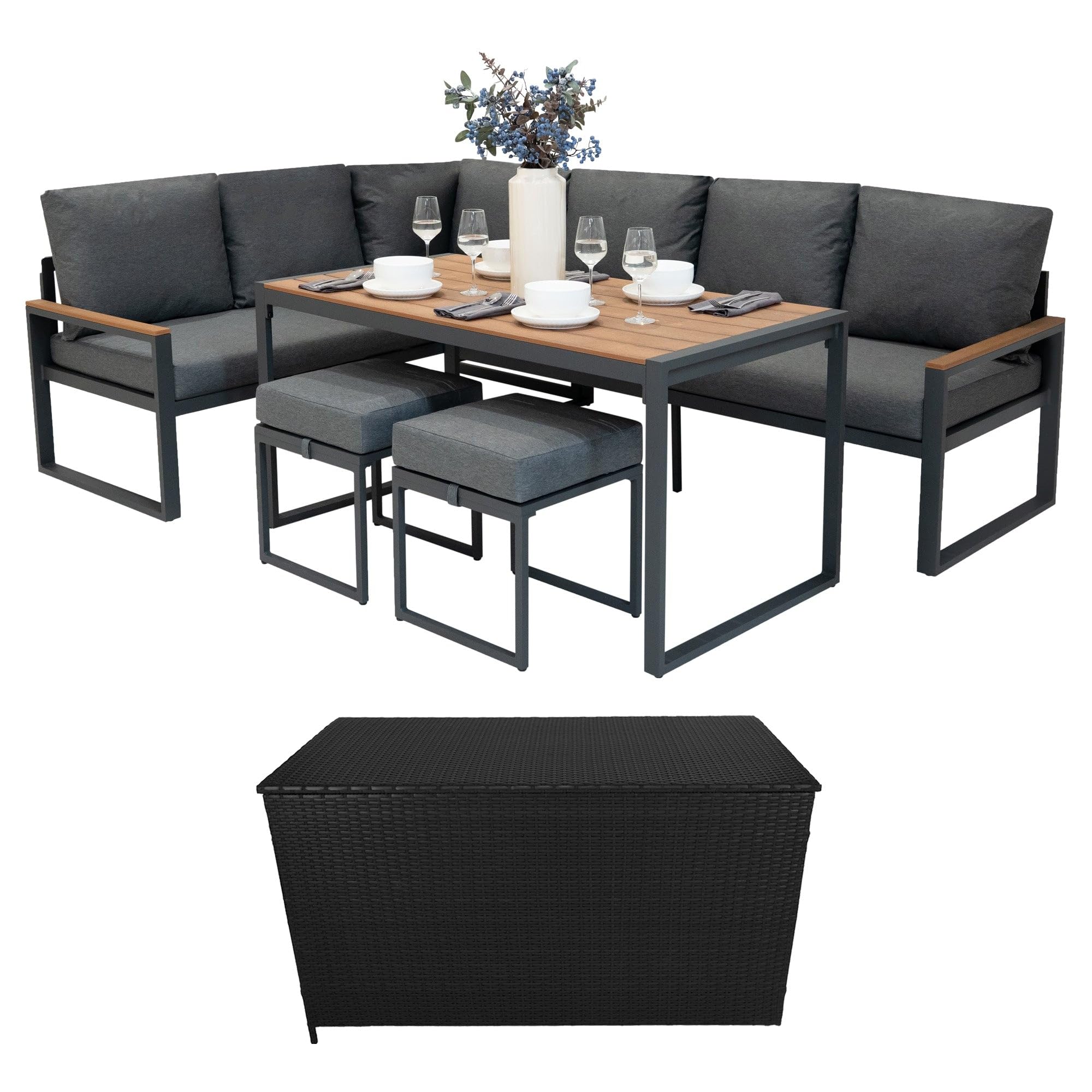 Jardi Black Aluminium Corner Sofa Set With Rattan Storage Box - Wood Effect