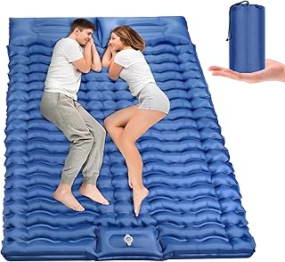 Quauli Sleeping Pad for Camping Self Inflating Double Mattress Camping Pad 2 Person, 4" Inflatable Sleeping Mat with Pillow, Waterproof Camping Mat for Backpacking, Traveling, Hiking (Blue, Full)