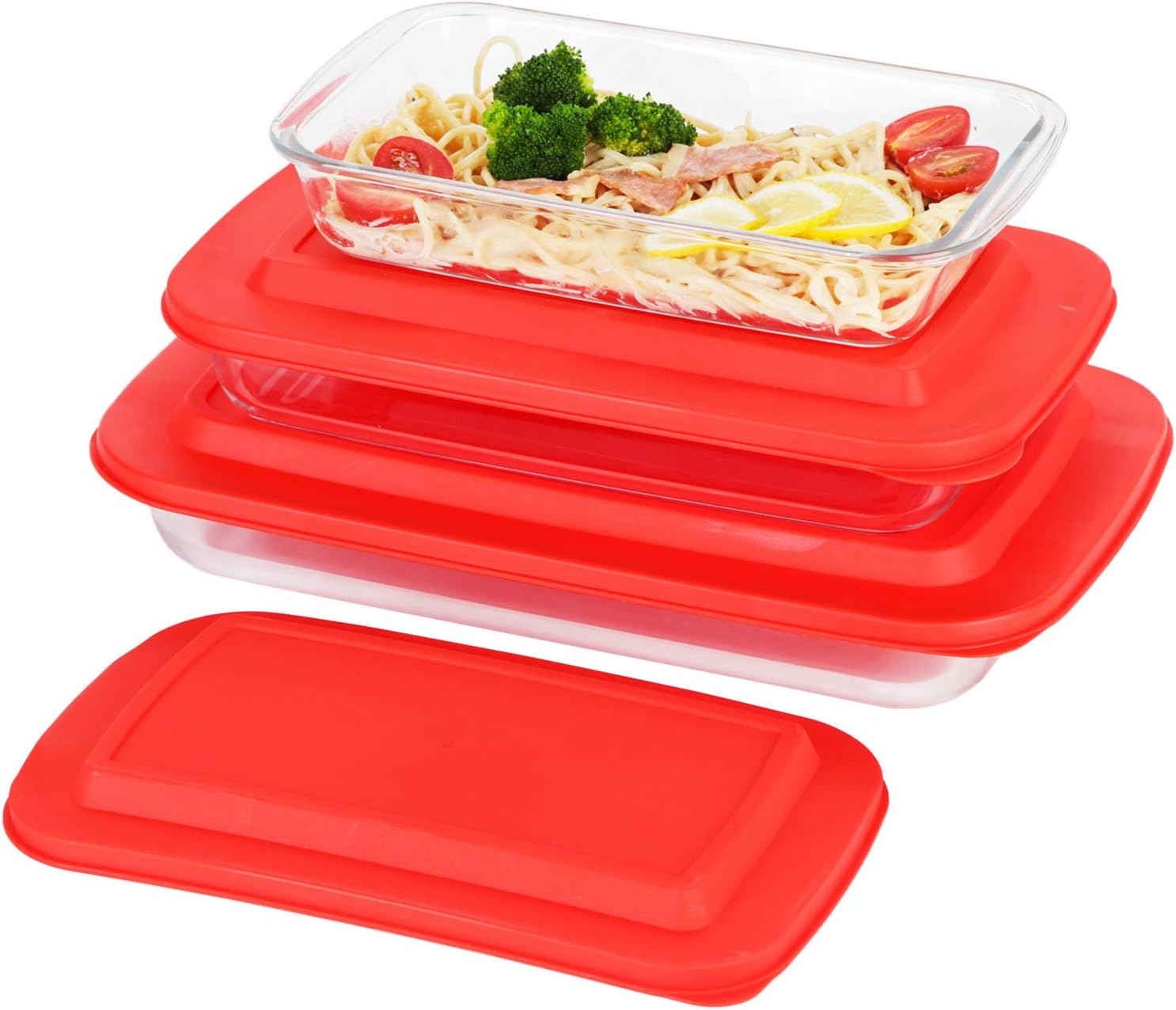 Doonmi- 4 Pack Classic Glass Baking Dish with Red Lid（1 Quart,1.6 Quart, 2.2 Quart and 3 Quart）, Freezer-to-Oven Safe Baking Dishes, BPA-Free Lids, Perfect for Cooking, Cake Dinner, Food Storage, Banquet and Daily Use.: Home & Kitchen