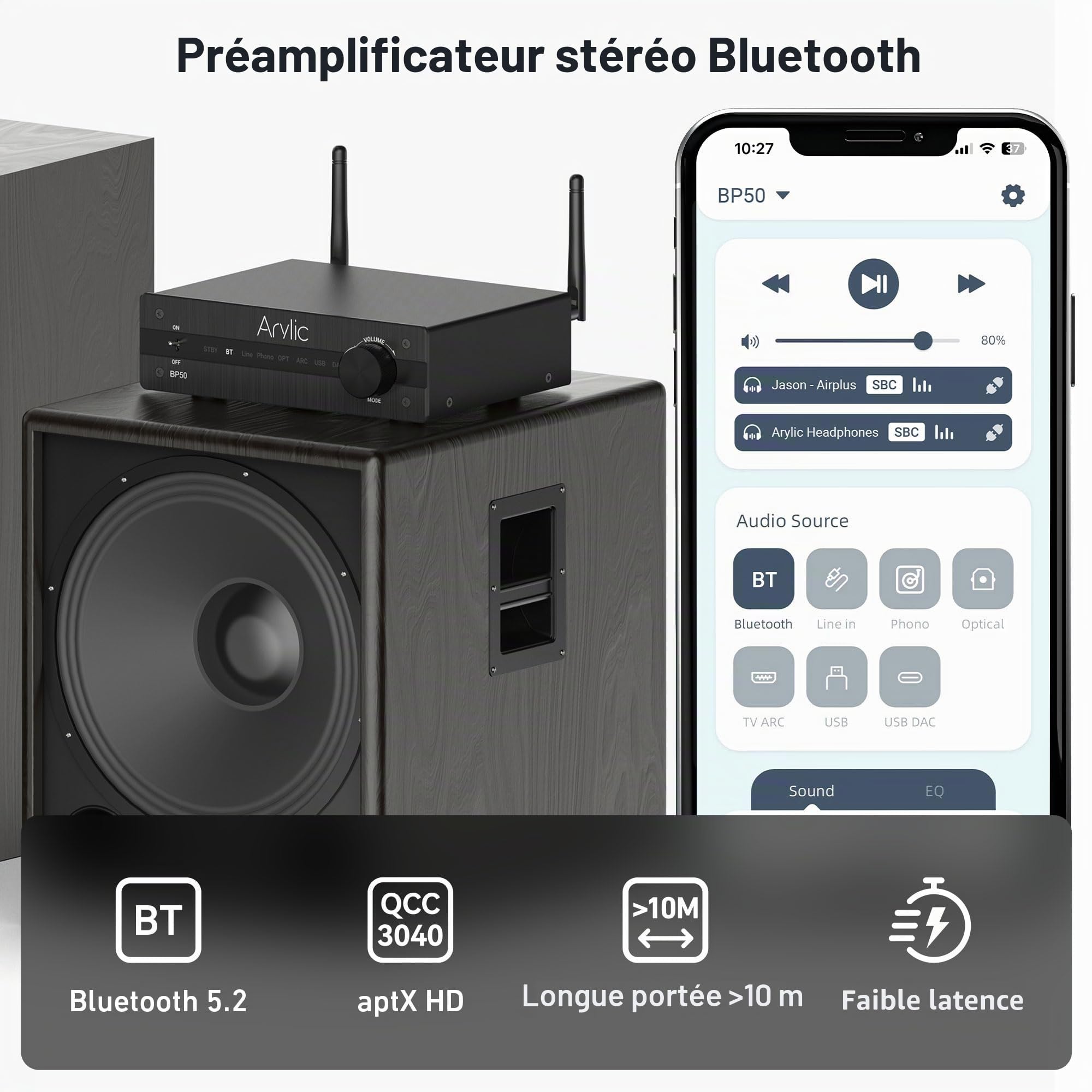 Arylic BP50 Bluetooth 5.2 aptX Préamplificateur audio pour la maison avec HDMI ARC, entrée Phono et GO Control APP Adaptateur audio avec DAC, sorties RCA pour récepteur AV.