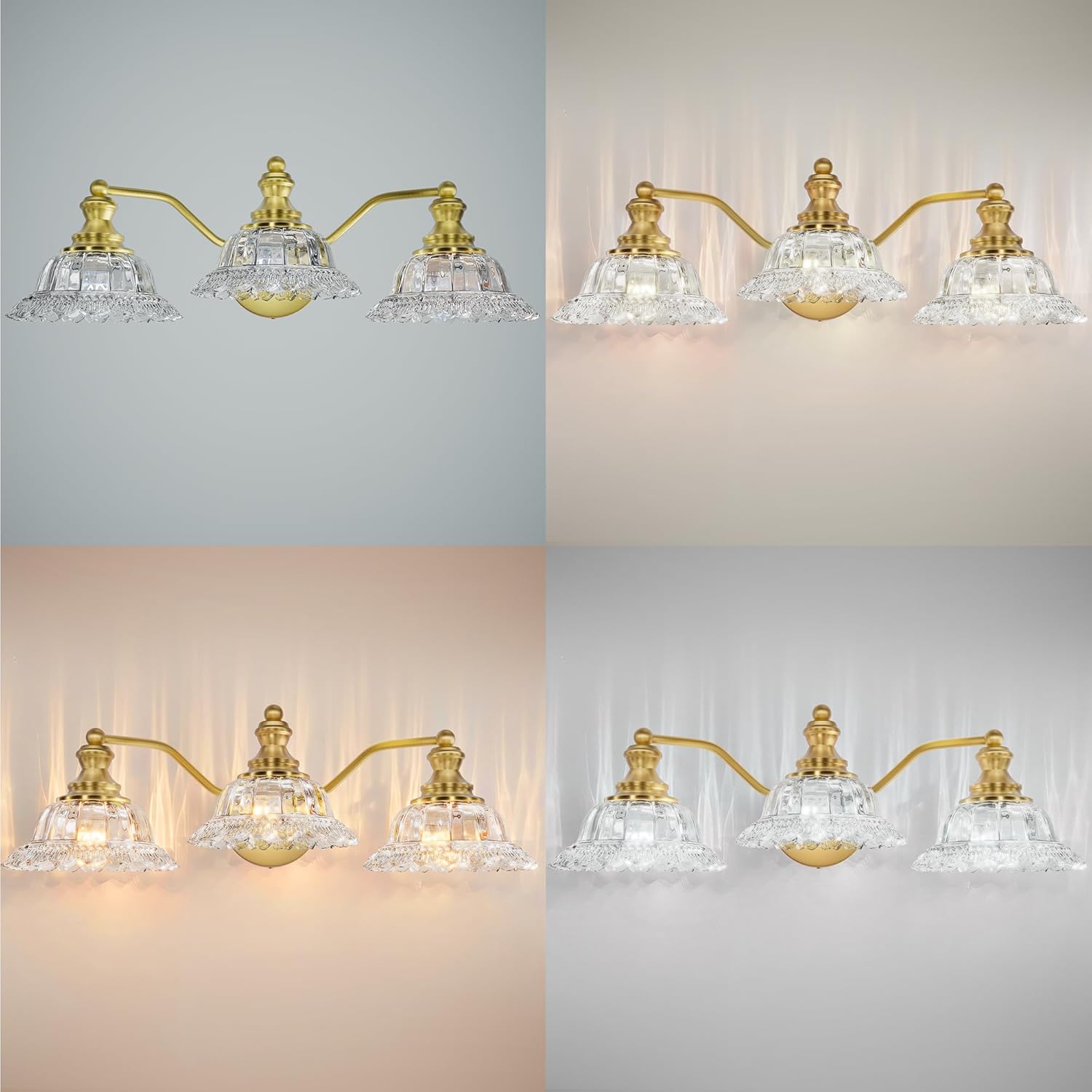 Espird Brass Bathroom Light Fixtures Over Mirror, 3 Light Vintage Bathroom Vanity Light Fixture with Clear Flower Glass Shades, Retro Gold Wall Sconce E26 Vanity Lights for Bathroom Living Room
