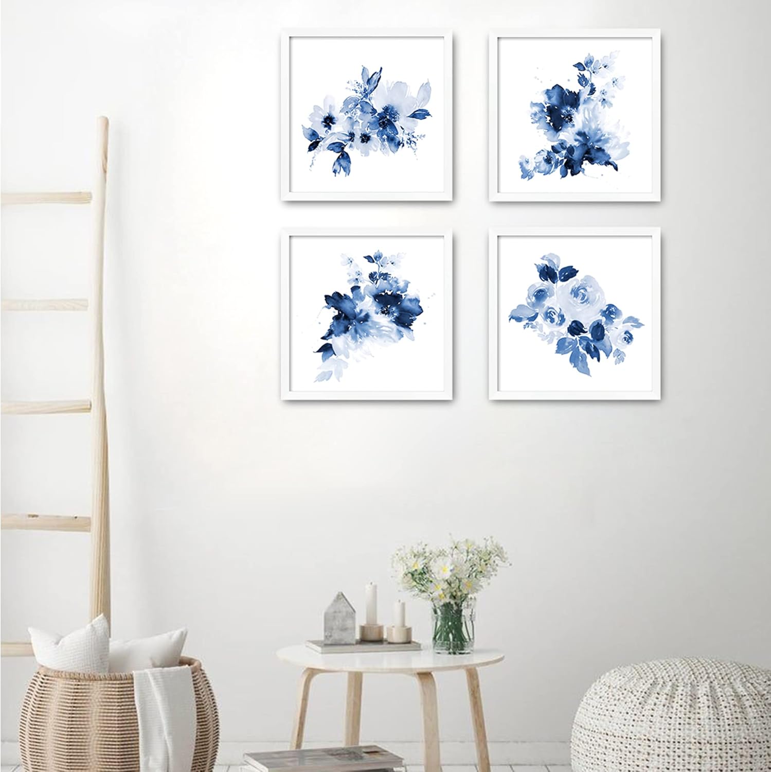 ArtbyHannah Framed Bathroom Wall Decor, Navy Blue Wall Art with White Frame and Watercolor Floral Prints Pictures for Kitchen Bedroom Home Decorations (4 Pack, 10x10 Inch)