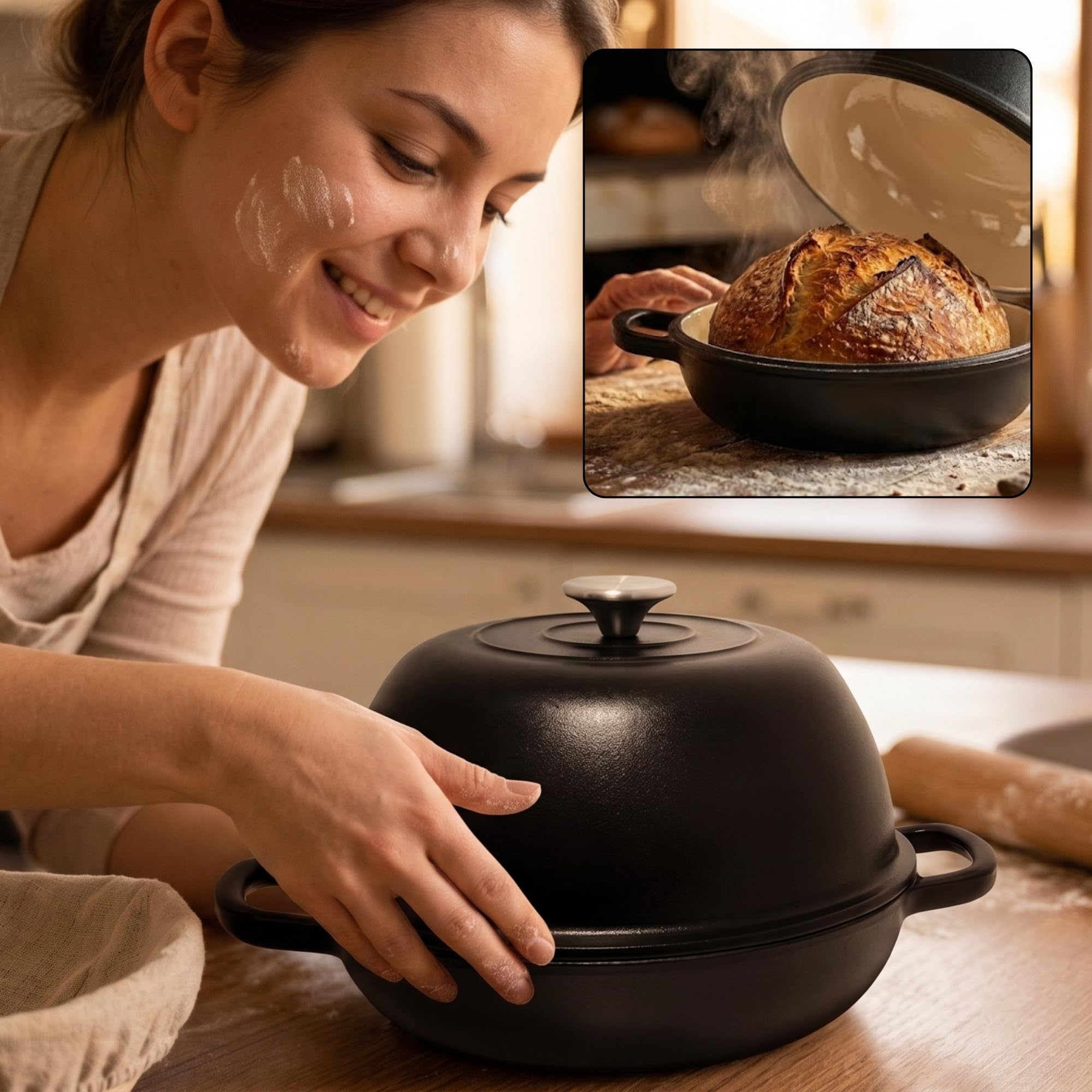 osoltus Gusseisen Brotbackform Set mit Kupeldeckel Silikonmatte Handschuhe Gärkorb 26cm Emaille Schwarz