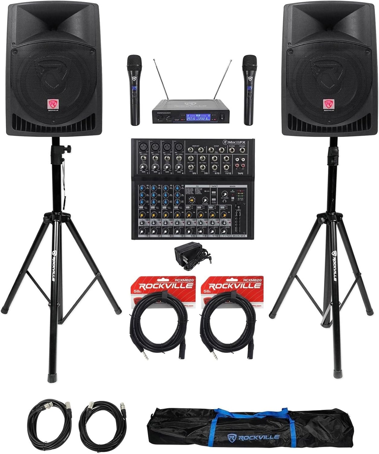 Audiosavings Bundle: (2) Rockville RPG12 12" 800W Powered Speakers+(1) Mackie Mix12FX 12-Ch Mixer+(2) Adjustable Tripod Stands+(1) RWM1203VH Dual Mic System+(2) RCXMB20B 20' Cables (7 Items)