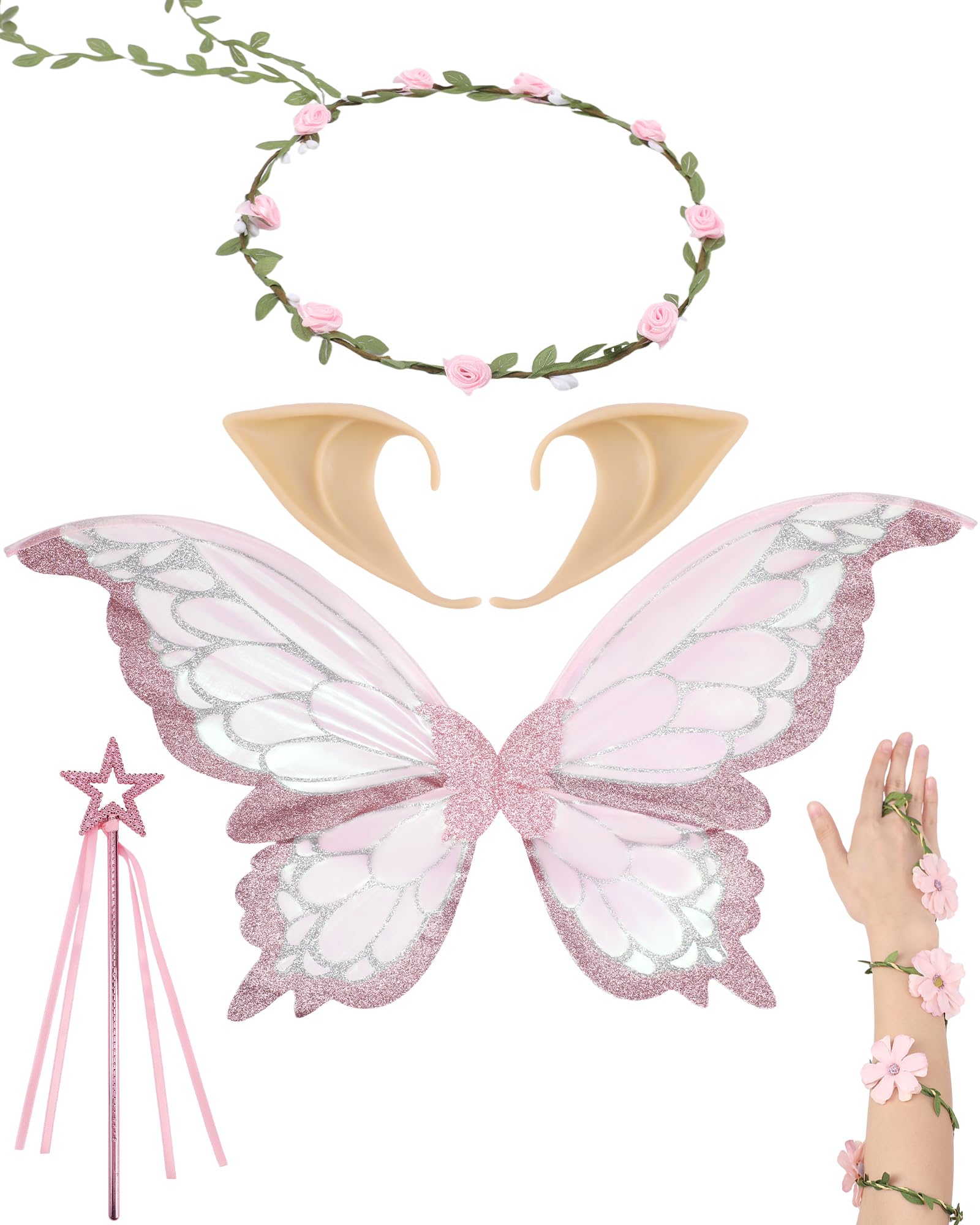 PartyforU Silver Pink Fairy Costumes 5 Pcs Set, Butterfly Wings Flower Crown Elf Ears Ivy Arm Wrap Fairy Wand, Halloween Renaissance Fantasy Forest Fancy Dress