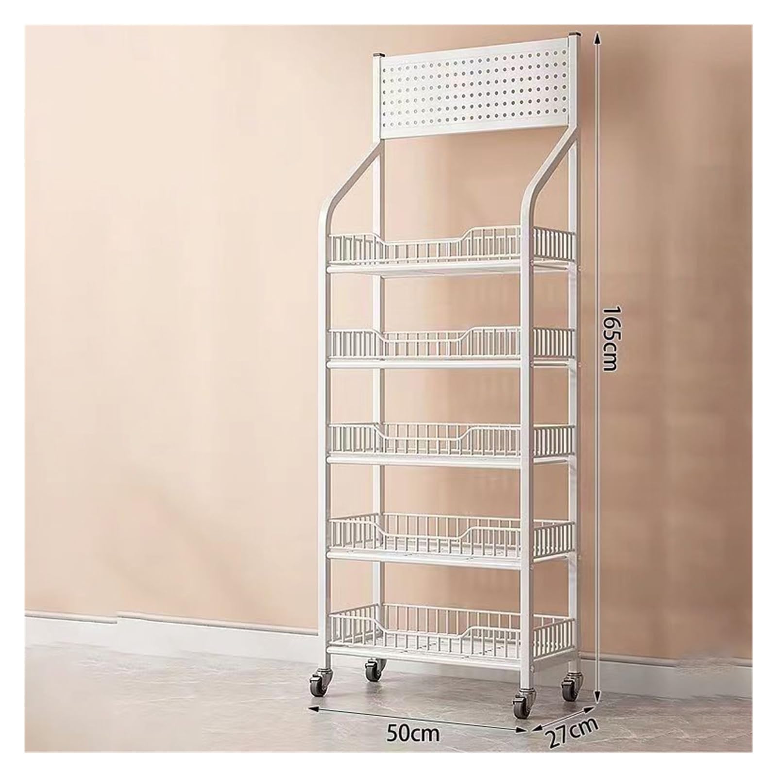 Estante expositor, expositor de dulces para mercado agrícola con ruedas y 15 ganchos, estante de almacenamiento de metal blanco, expositor para venta minorista, estante para aperitivos (50 * 27 * 65