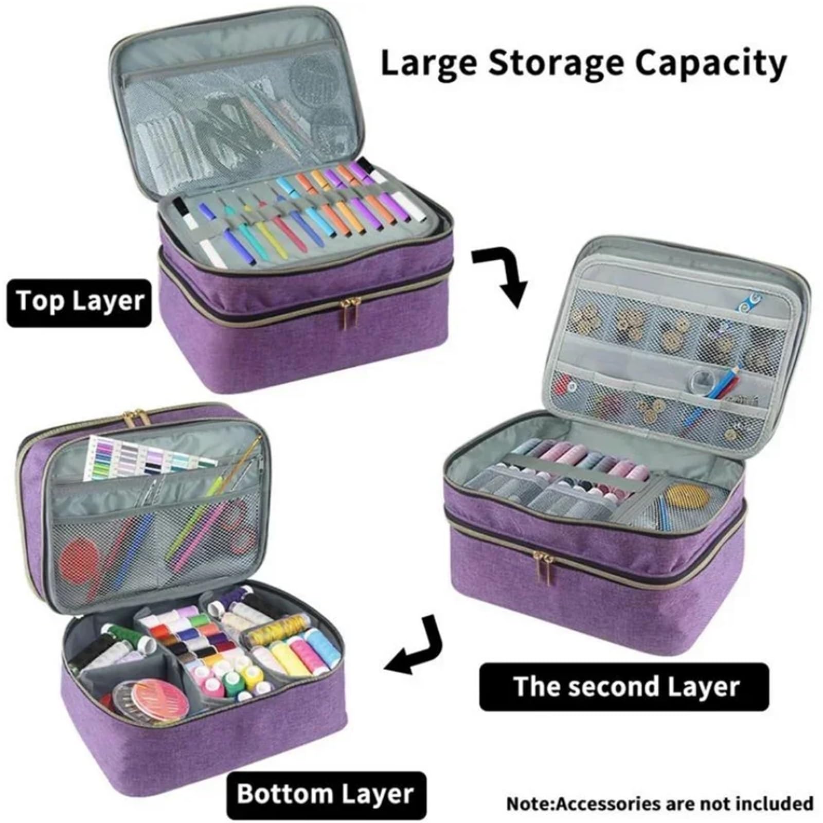 Doppelschichtiger Zubehör-Organizer, große Näh-Aufbewahrungstasche, passend for Nähwerkzeuge, Nähset-Organizer, Box-Organizer Für Haushalt(Purple)
