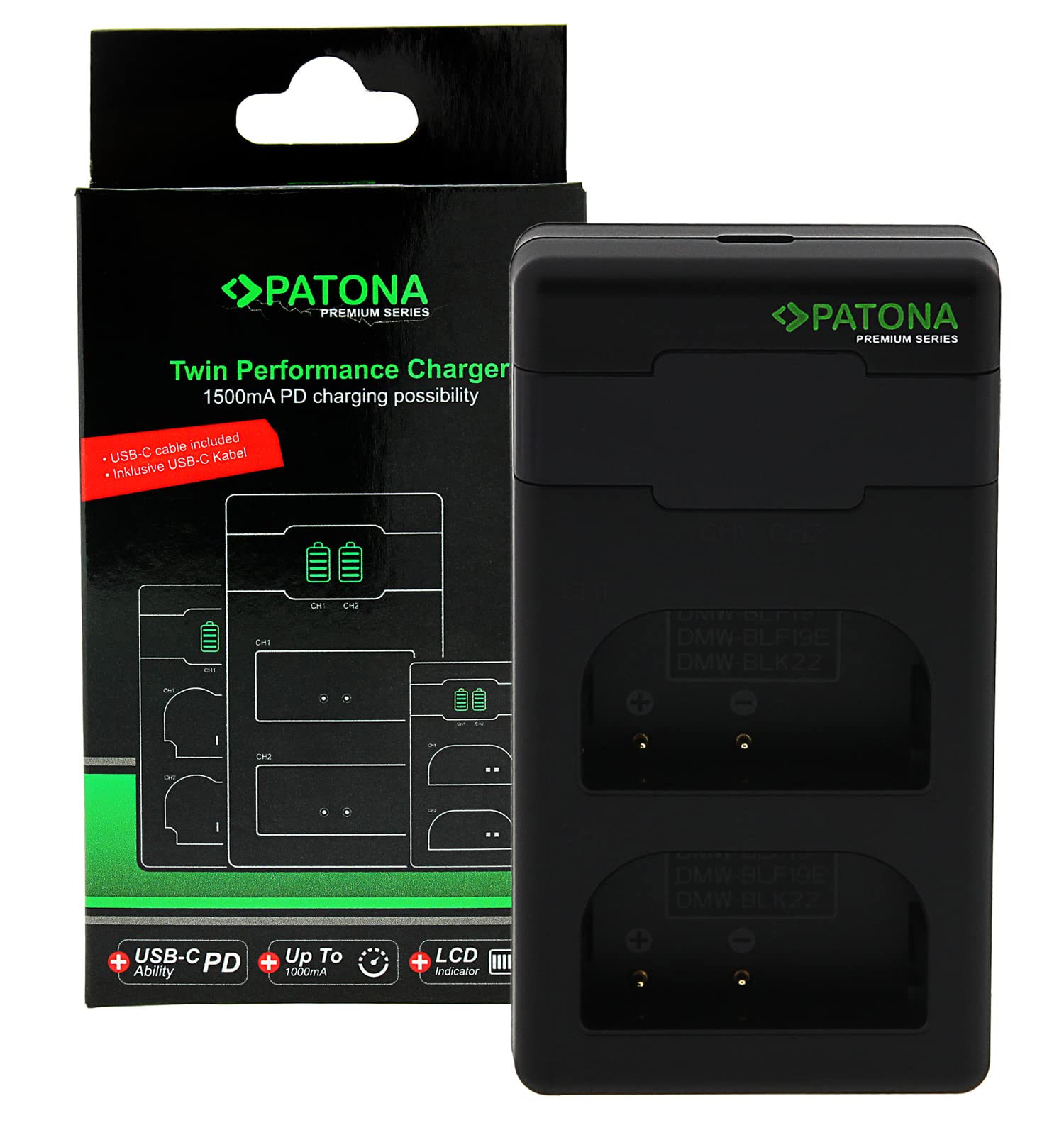 PATONA DMW BLK22 BLF19 Premium Cargador de Batería PD-Performance (1500mA), USB-C Dual LCD PD/QC Capable, Carga rápida con Adaptador de 20W+ Compatible con Panasonic Lumix DC S9 S5 G9 GH5 GH6 GH7