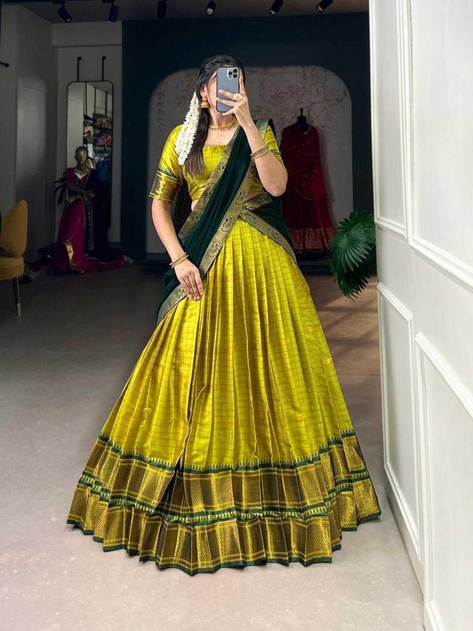 Women's Yellow Silk Blend Lehenga Choli Set, Yellow and Green, Traditional Indian Ethnic Wear with Dupatta