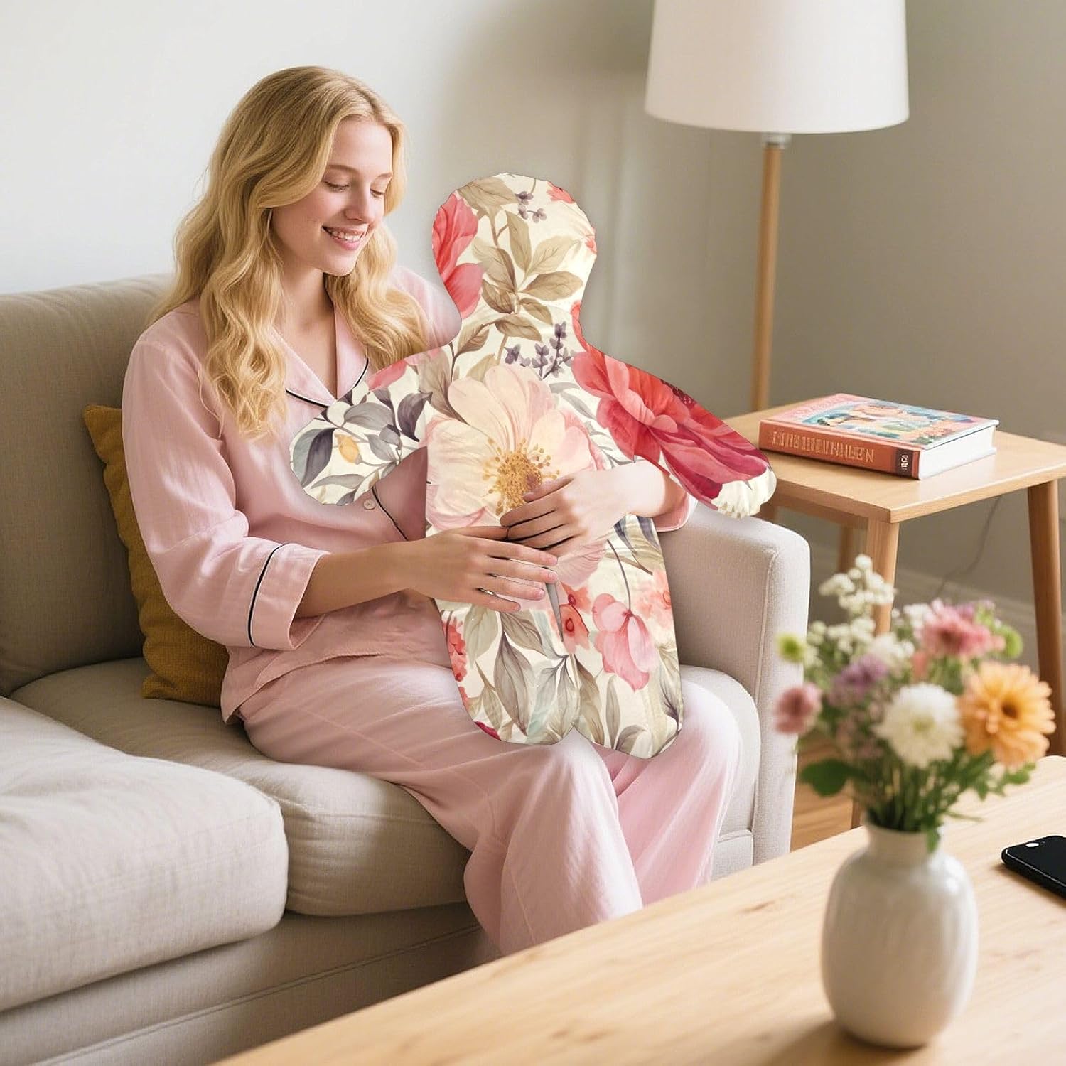 Red and Pink Flowers Human-Shaped Pillow Soft Body Pillows Washable Velvet Pillows for Anxiety Relief Sleeping Cuddling & Support
