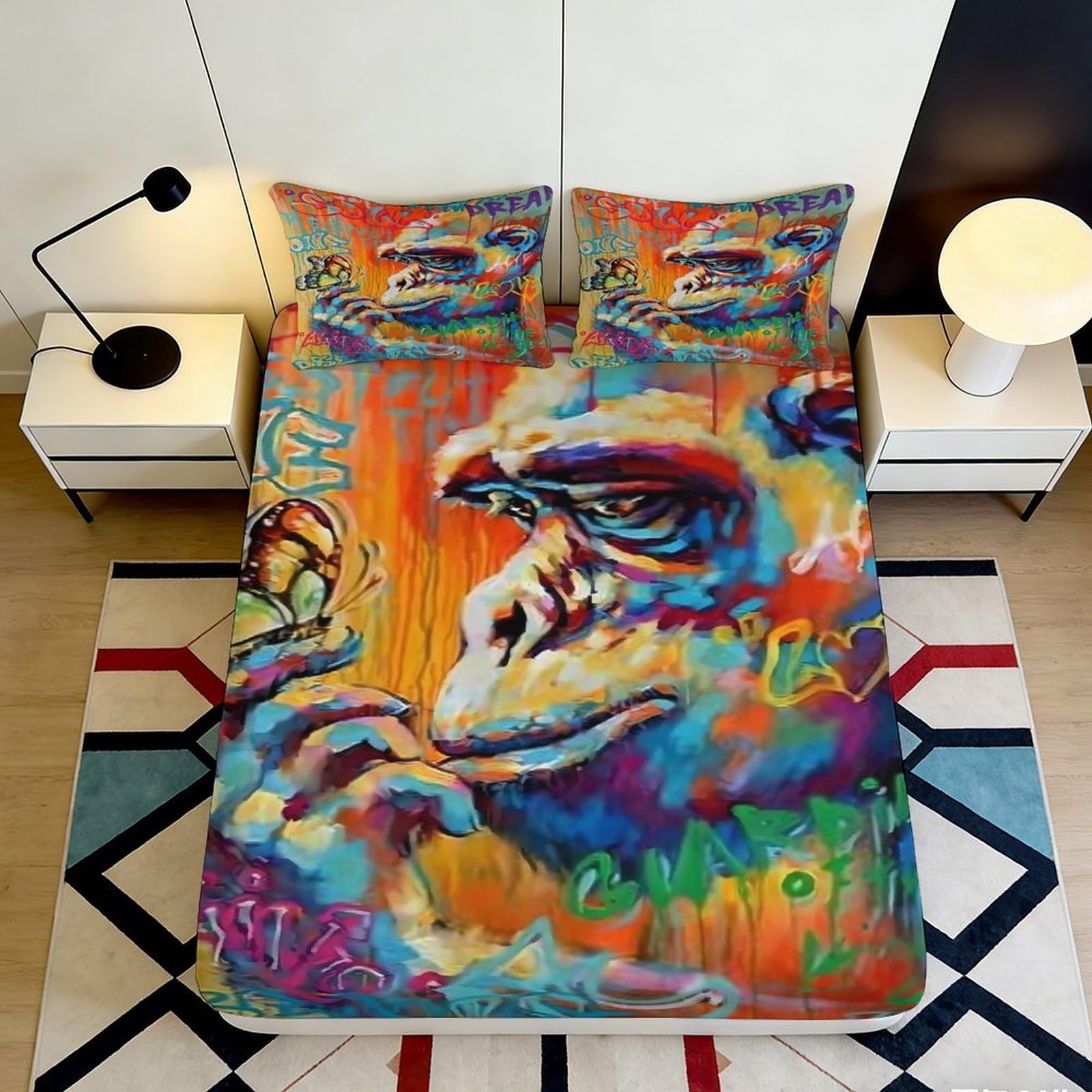 3D Printed Graffiti Chimpanzee Fitted Sheet Microfiber Colourful Art Mattress Cover Anti-Slip Machine Wash for Bedroom Dorm Decor 90x200x25cm